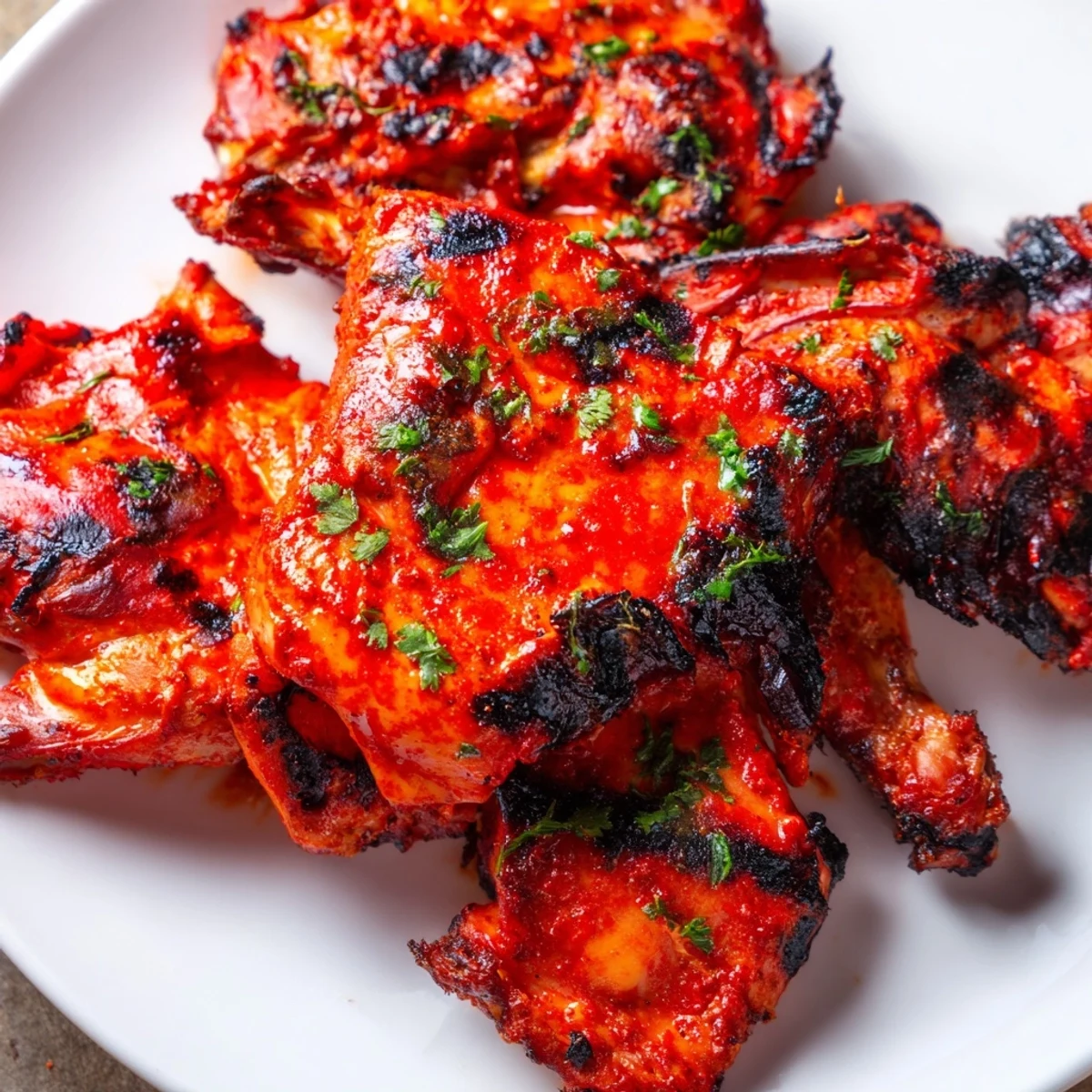 Whole grilled peri peri chicken Portuguese style resting on a platter with fresh lemon wedges