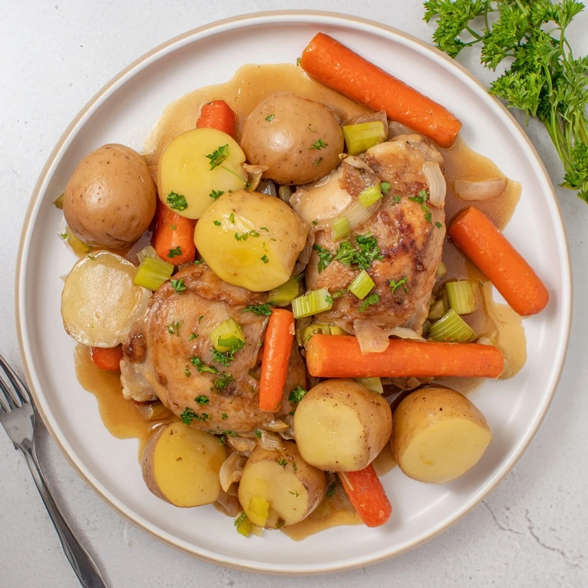 Golden brown healthy savory slow cooker chicken surrounded by tender carrots, potatoes, and celery in a rich broth