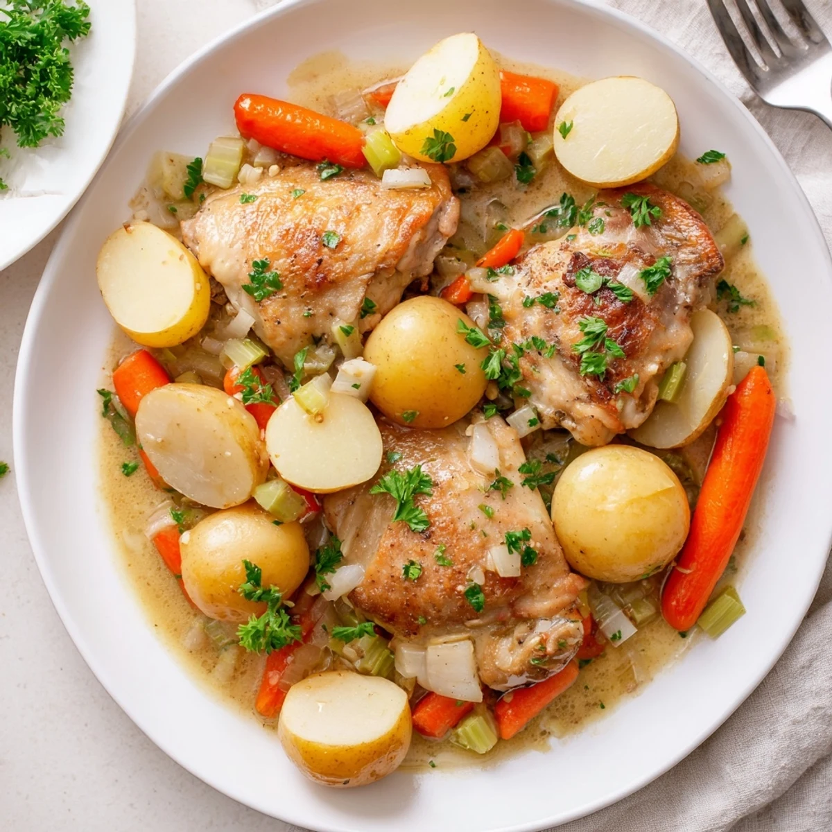 Tender slow cooker chicken thighs nestled with baby potatoes and aromatic vegetables, garnished with fresh chopped parsley