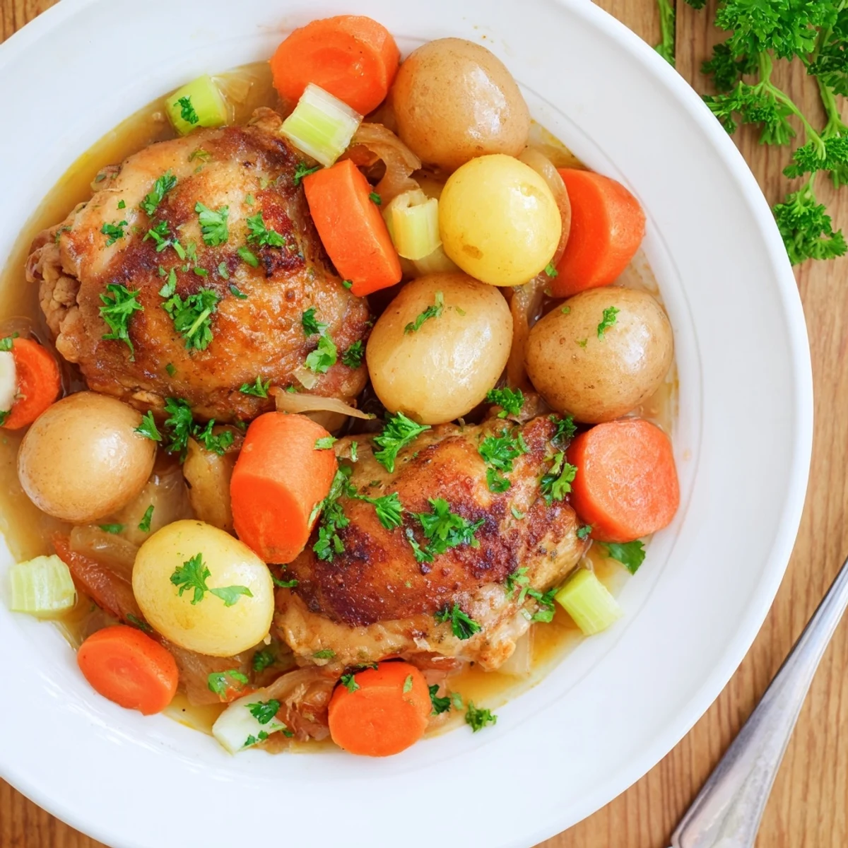 Rustic bowl of healthy savory slow cooker chicken with juicy meat, colorful vegetables, and savory reduced sauce