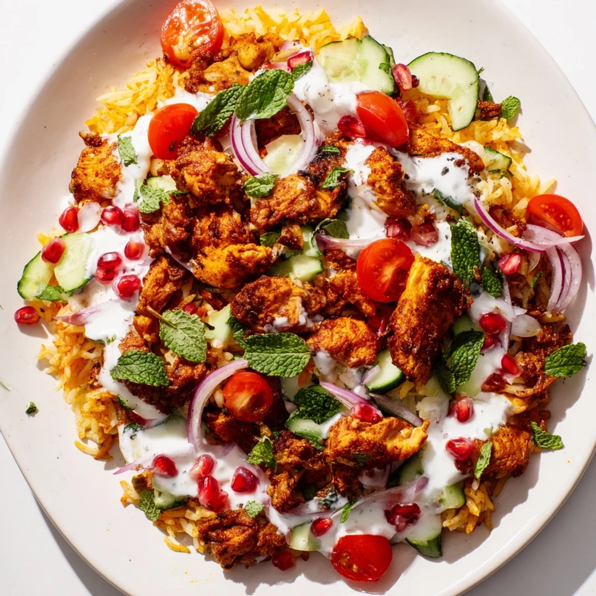 Golden crispy rice topped with spiced chicken shawarma and fresh vegetables in a bowl