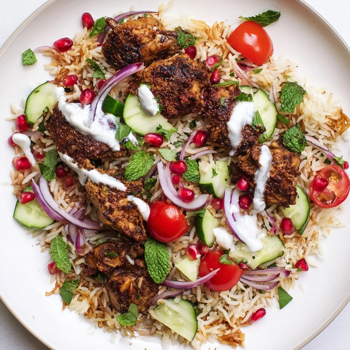 Vibrant chicken shawarma crispy rice salad drizzled with creamy yogurt tahini dressing and herbs