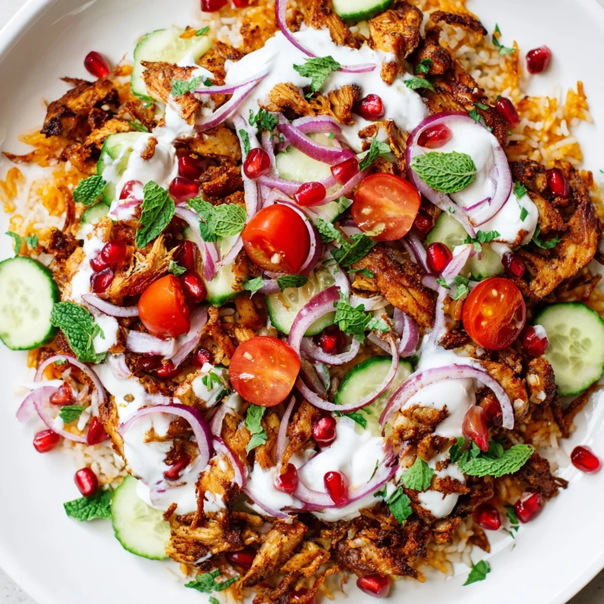 Spiced chicken thighs served over crispy rice with cucumber tomatoes and pomegranate seeds