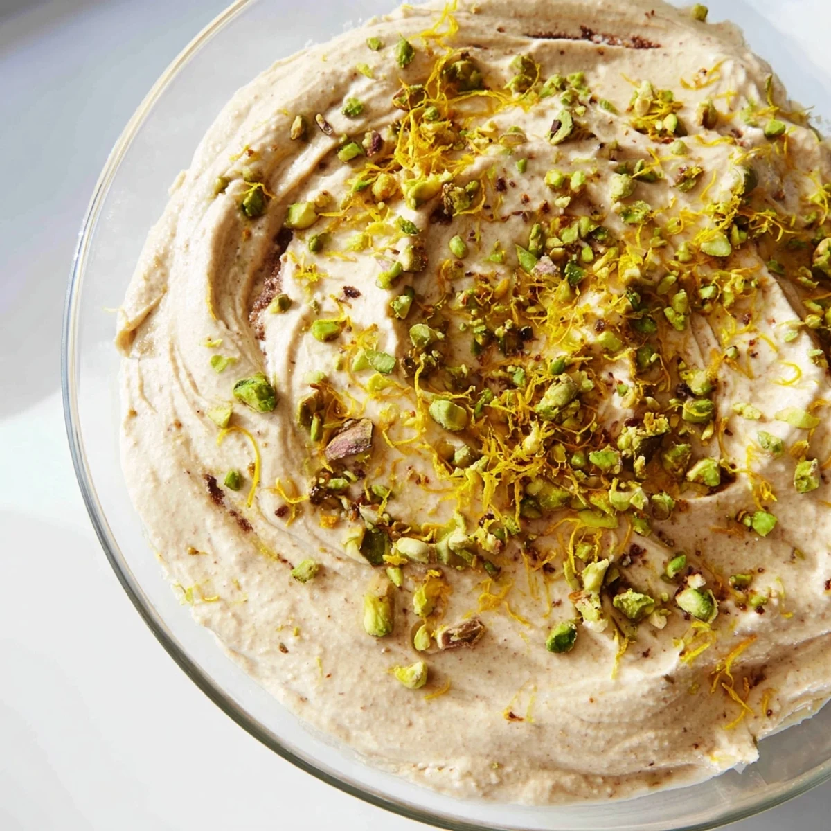 Creamy Lebanese date orange blossom mousse garnished with chopped pistachios and fresh orange zest in elegant glass