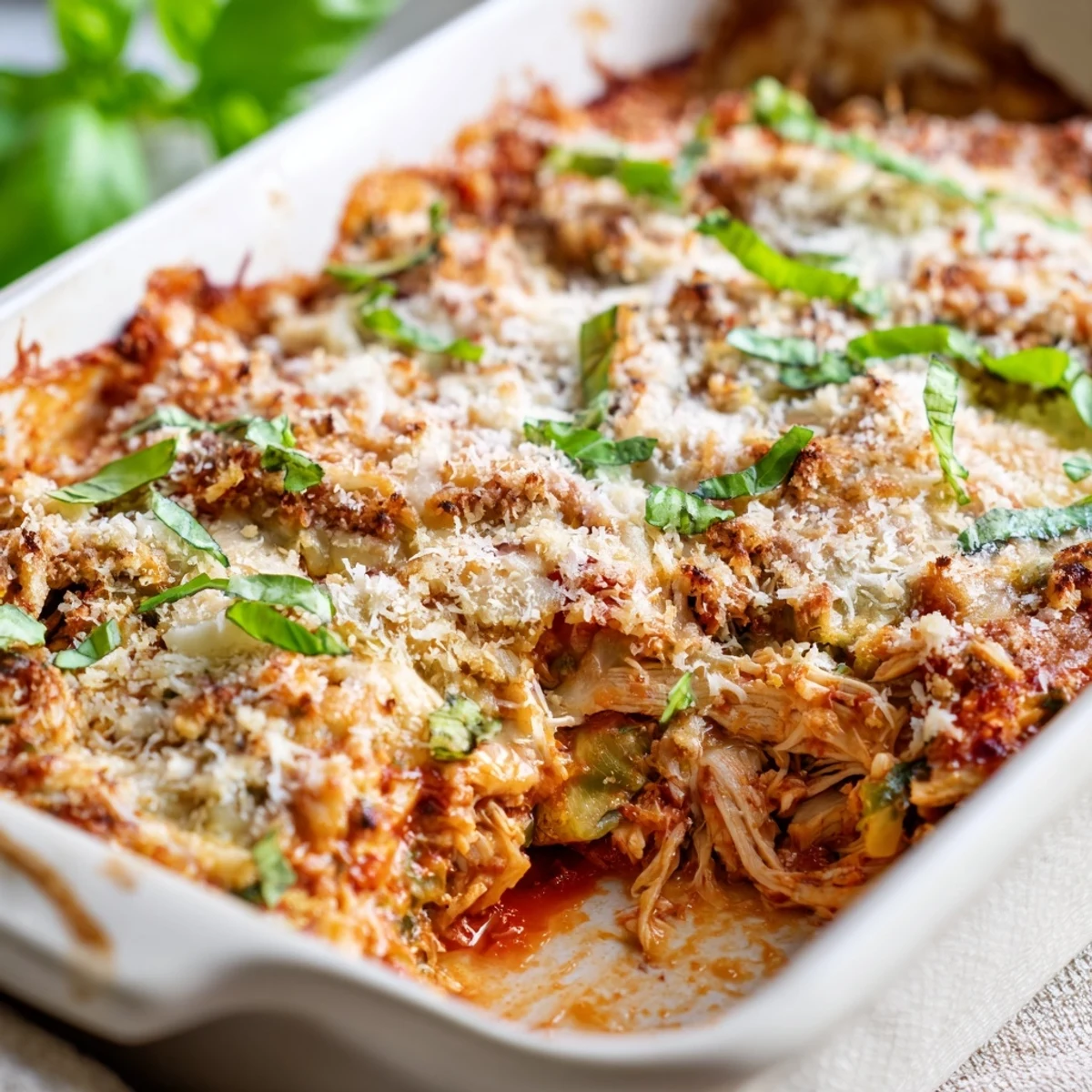 Golden bubbly keto chicken Parmesan casserole with melted mozzarella and fresh basil garnish