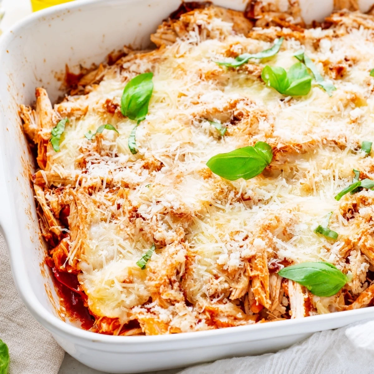 Serving of Italian-style keto chicken Parmesan casserole topped with golden brown melted cheese layer