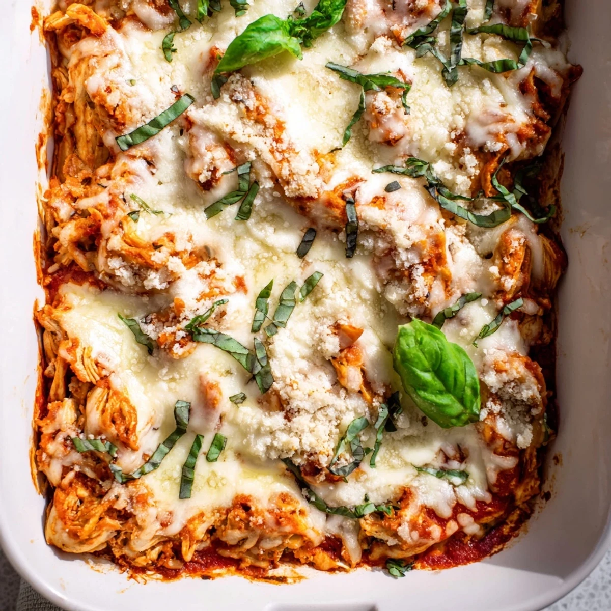 Bubbling low-carb chicken Parmesan casserole dish featuring crispy cheese topping and red marinara sauce