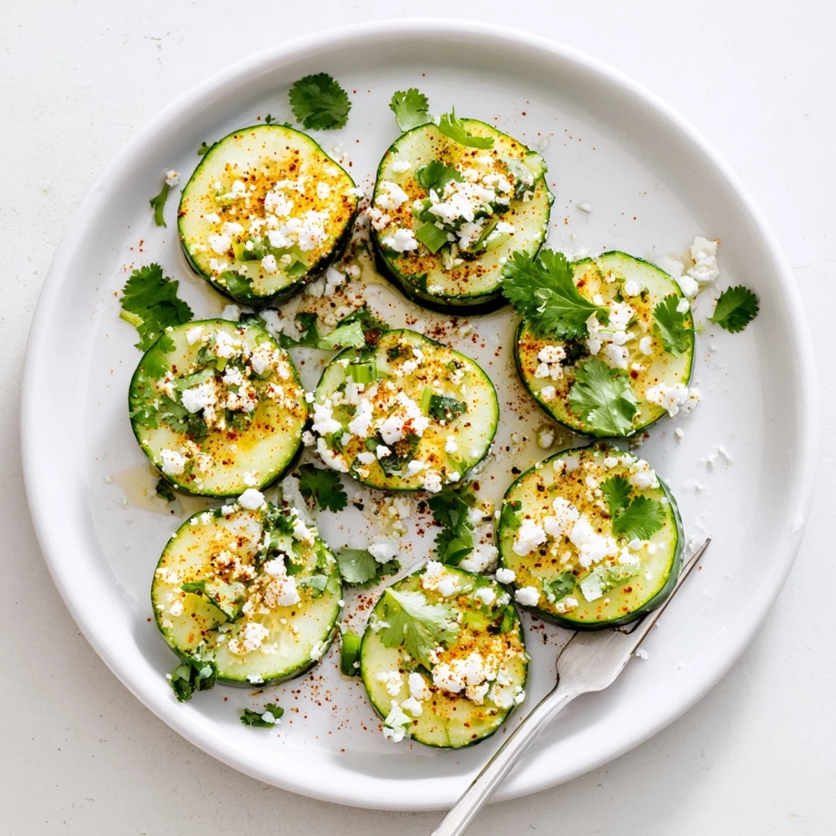 Fresh Mexican style cucumbers coated in zesty lime juice and spicy chili powder garnished with cilantro