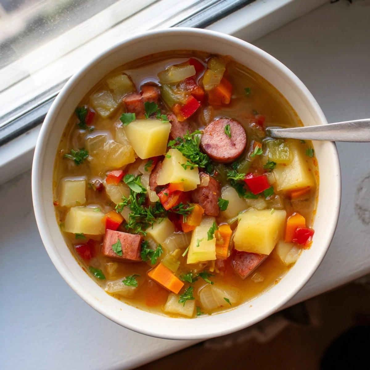 Steamy bowl of Spanish Potato Soup with Chorizo topped with crispy sausage slices and fresh parsley