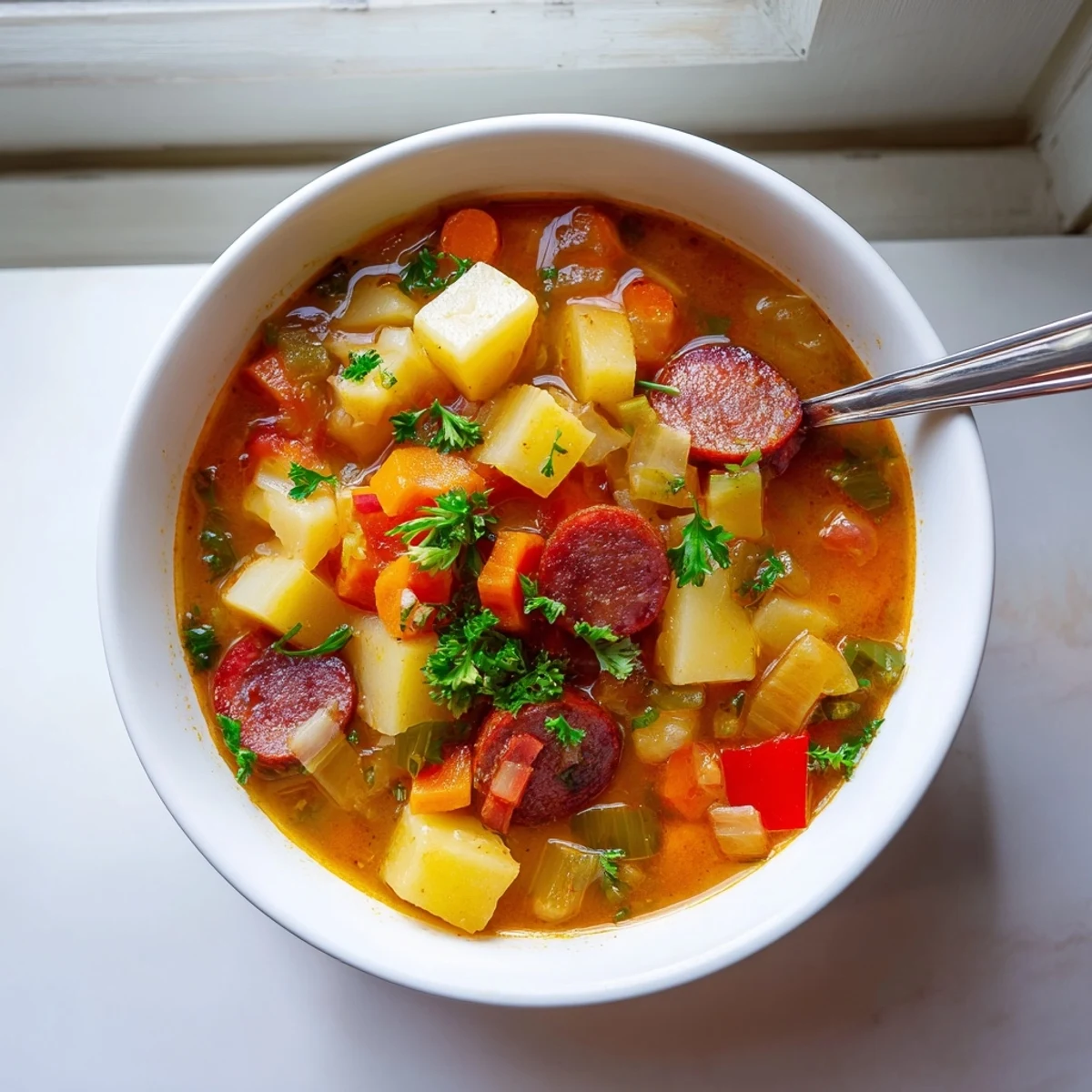 Rustic terrine holding hearty potato and chorizo soup with diced vegetables and smoky paprika infusion