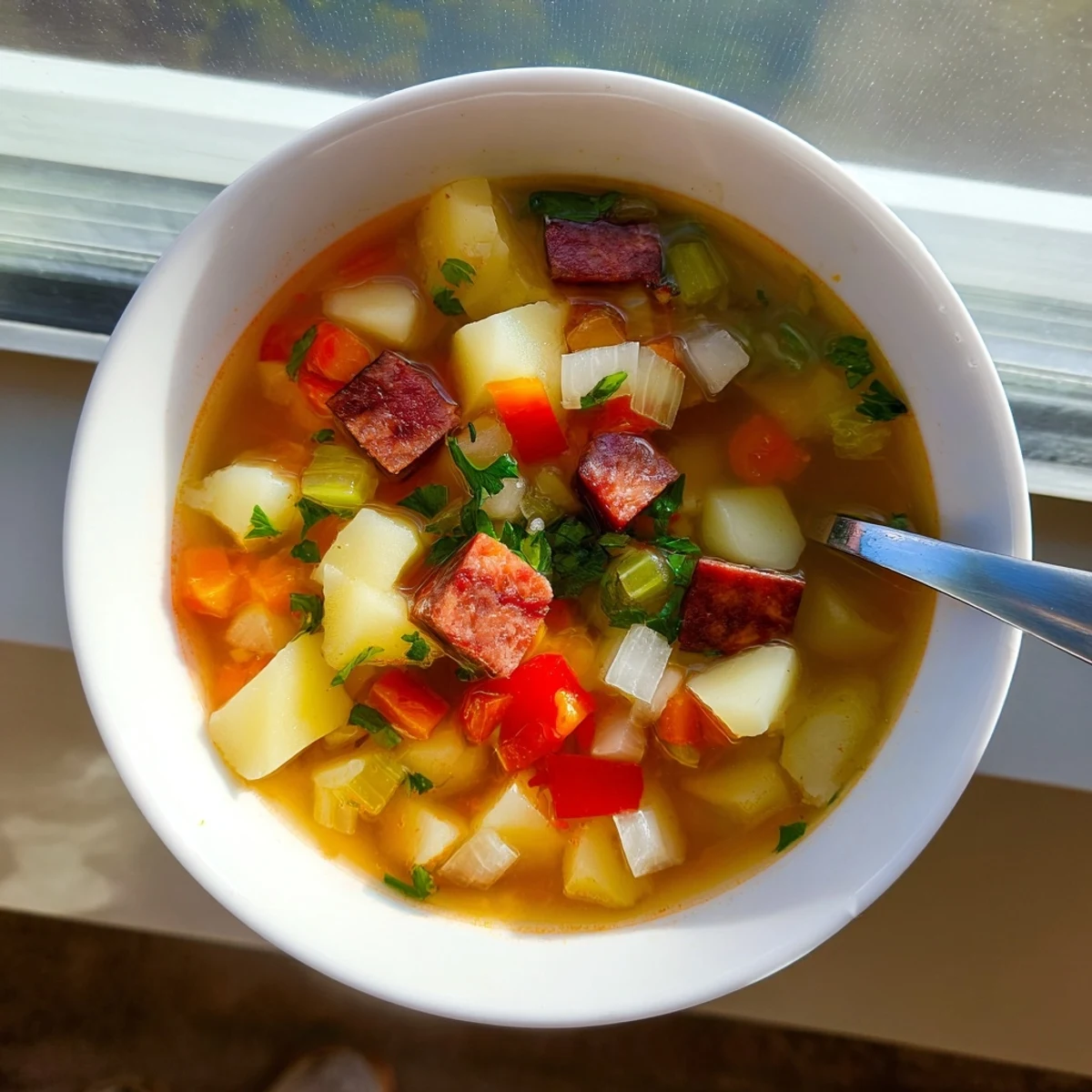Spoon lifting tender potatoes and savory chorizo from this golden Spanish soup garnished with green herbs