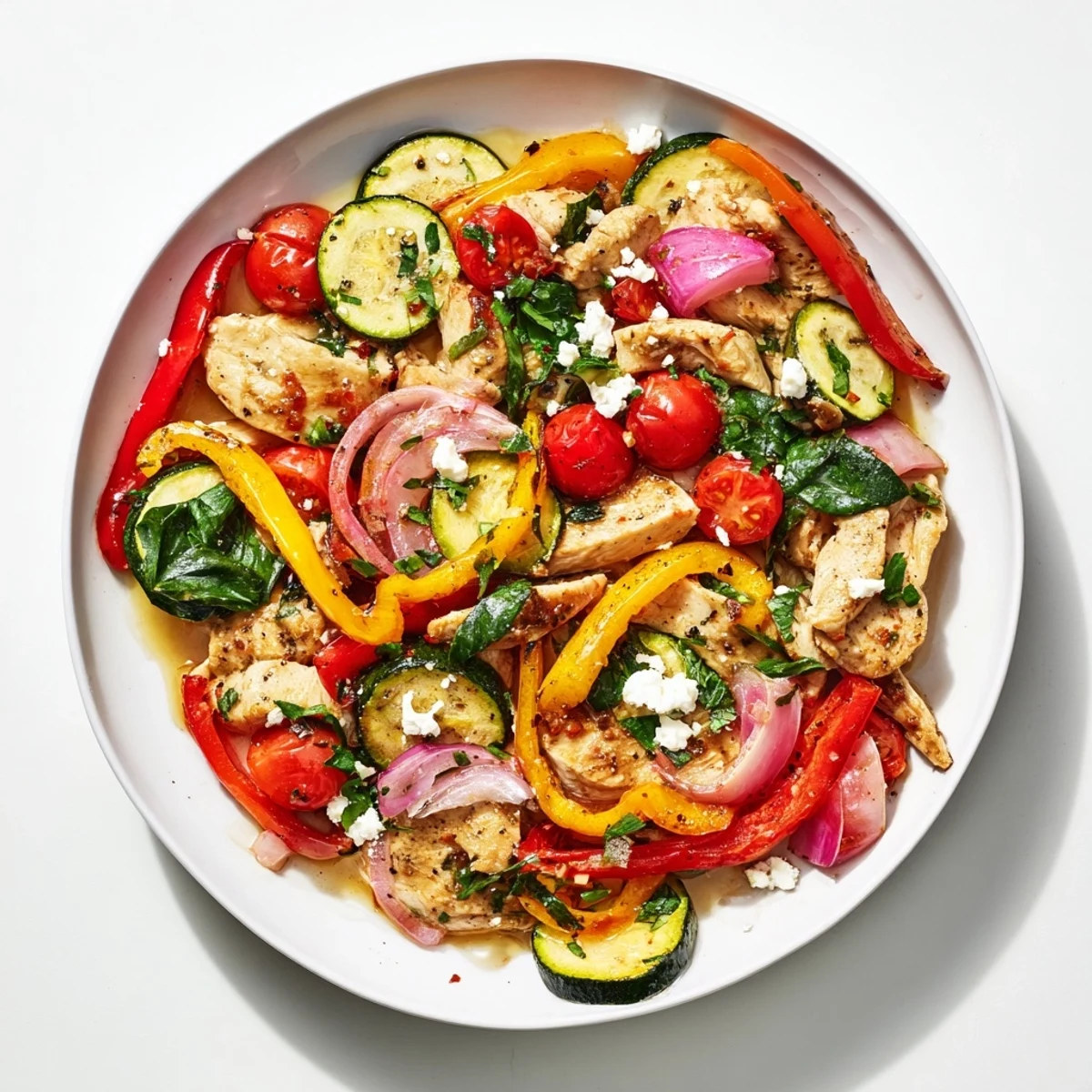 Golden Mediterranean chicken stir fry with colorful bell peppers zucchini and crumbled feta cheese