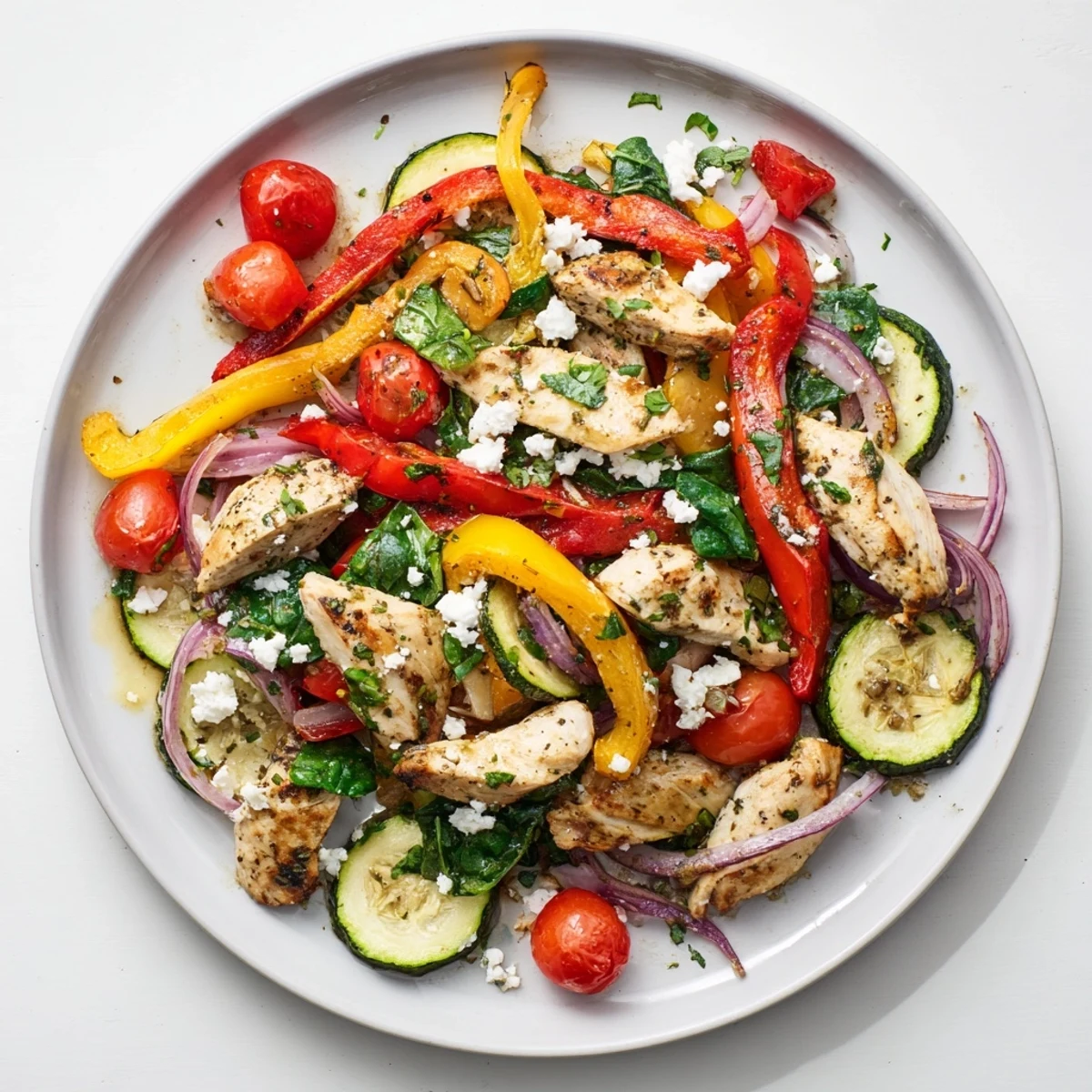 Vibrant Mediterranean chicken stir fry in a skillet with red peppers zucchini spinach and parsley garnish