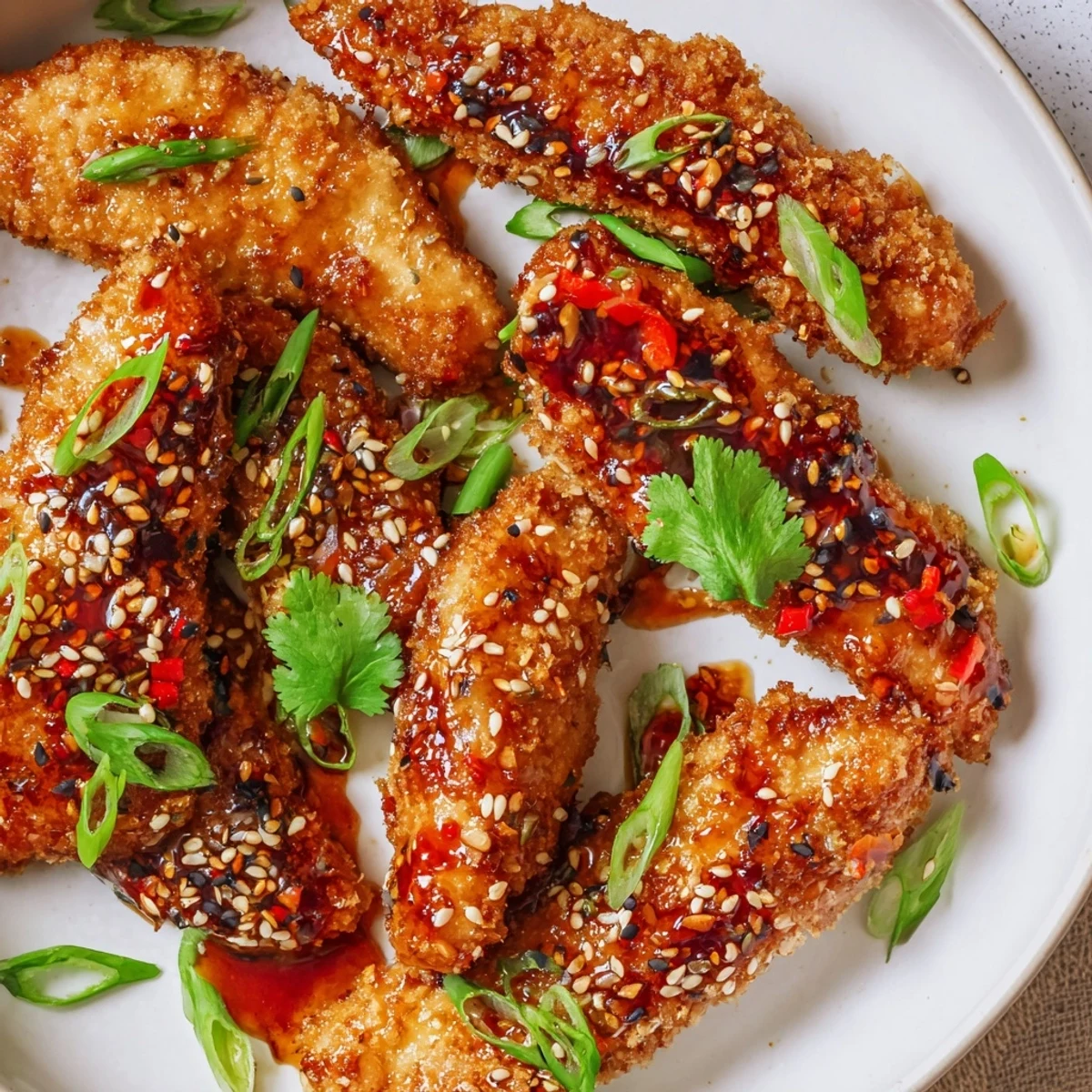 Golden crispy Thai sticky chicken fingers glazed with sweet spicy sauce and garnished with sesame seeds