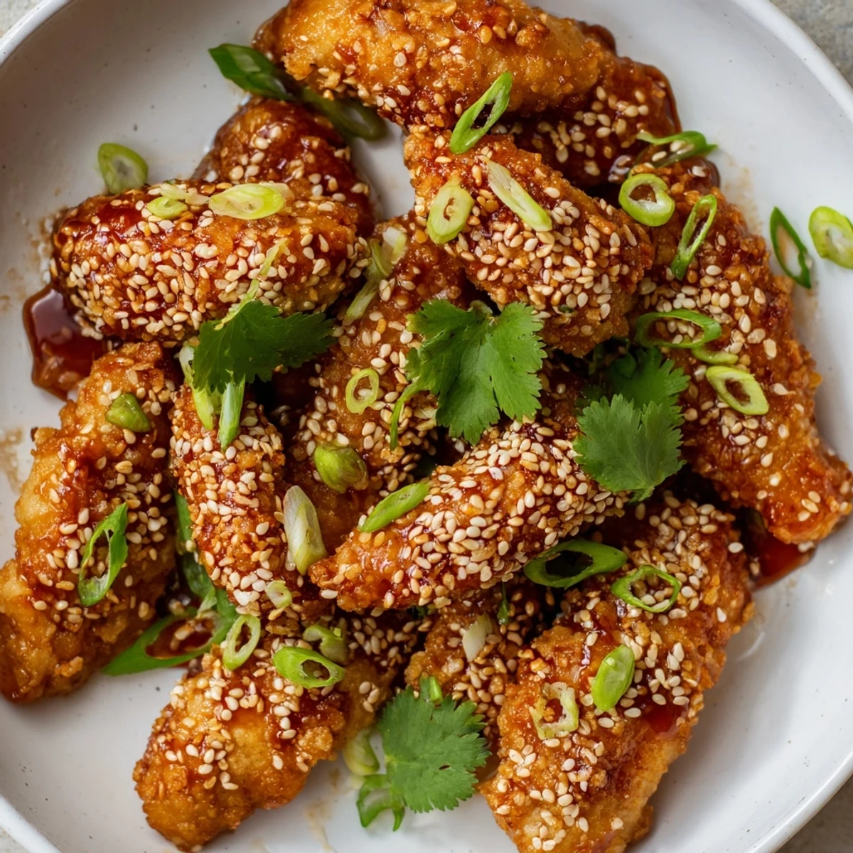 Baked chicken tenders coated in panko breadcrumbs topped with glossy red Thai chili sauce and green onions