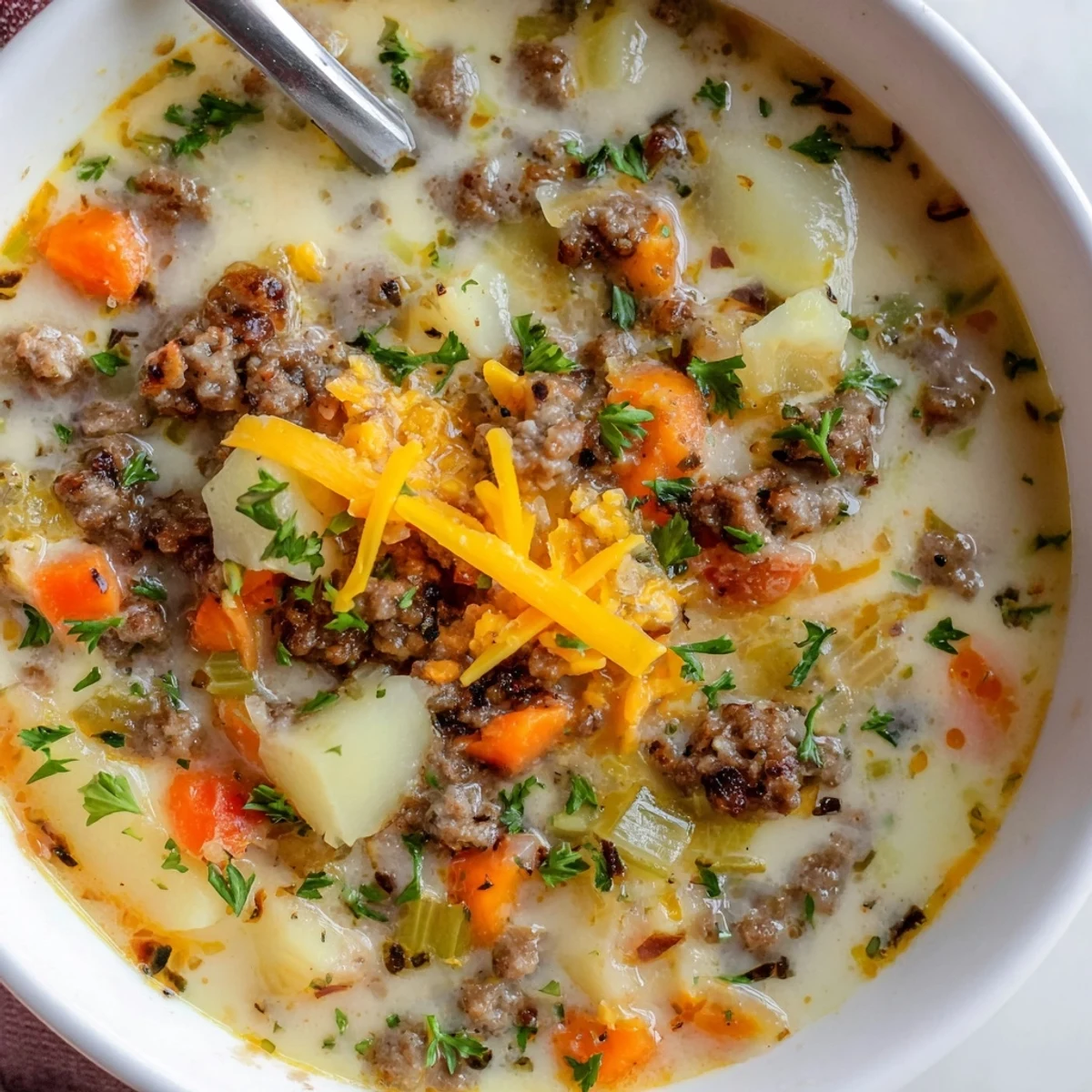 Creamy pork sausage potato soup garnished with fresh parsley and grated cheddar cheese