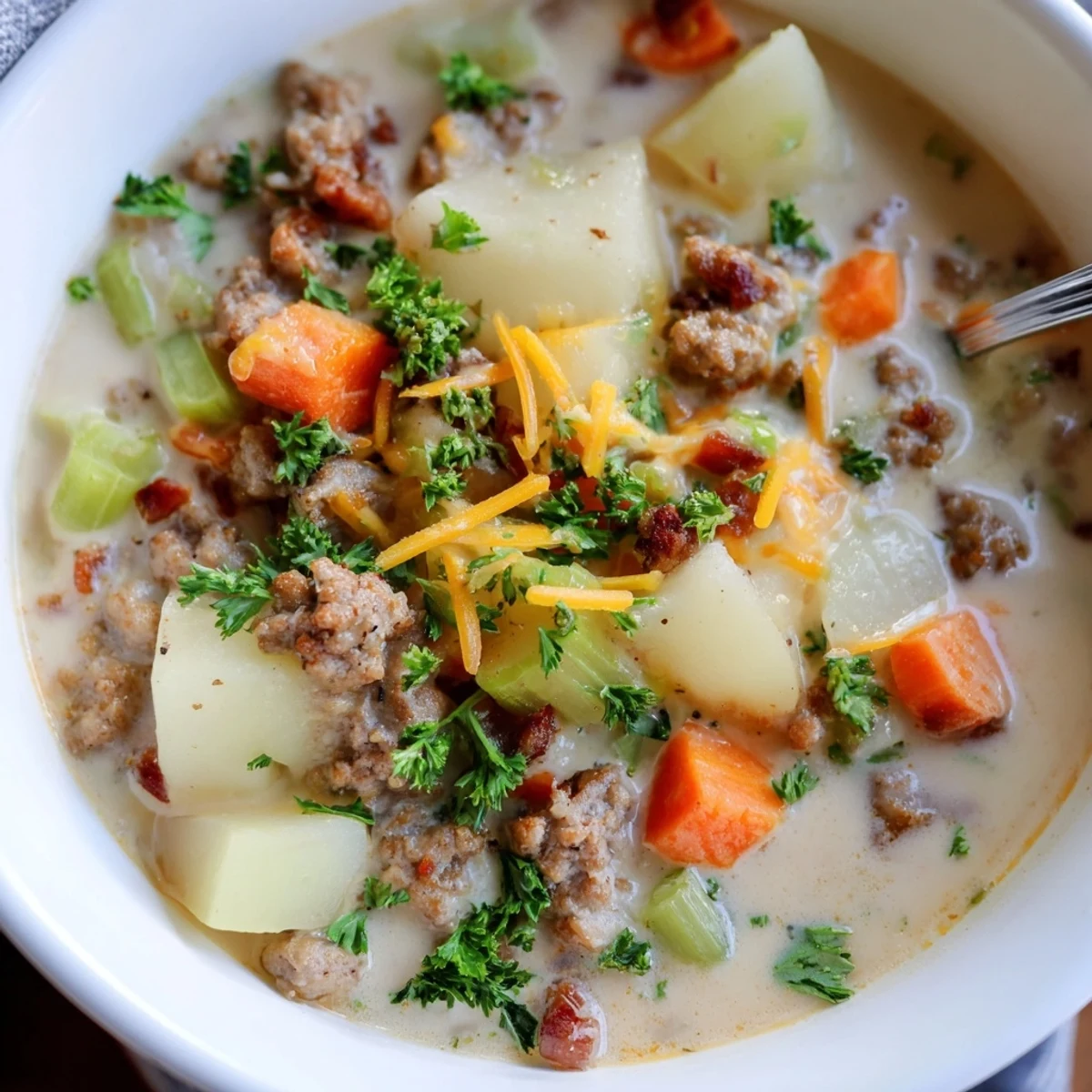Hearty bowl of simple pork sausage potato soup with tender vegetables and steam rising