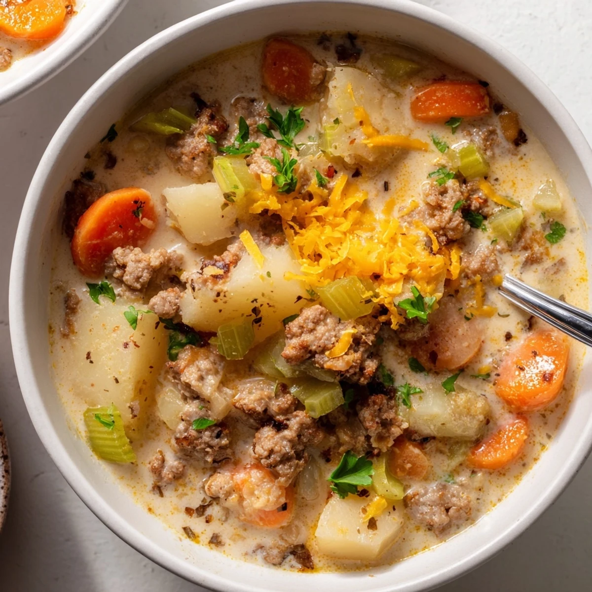 Savory pork sausage potato soup served in rustic white bowl with crusty bread alongside