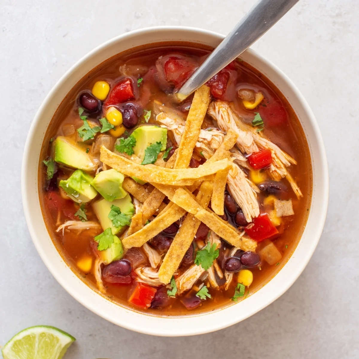 Steamy bowl of classic chicken tortilla soup topped with crispy golden tortilla strips and fresh avocado chunks.