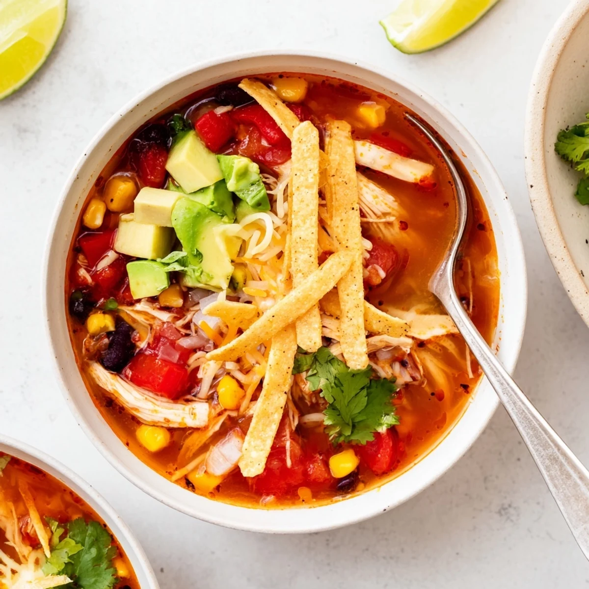 Hearty classic chicken tortilla soup brimming with tender shredded chicken, black beans, and vibrant vegetables in a rich broth.