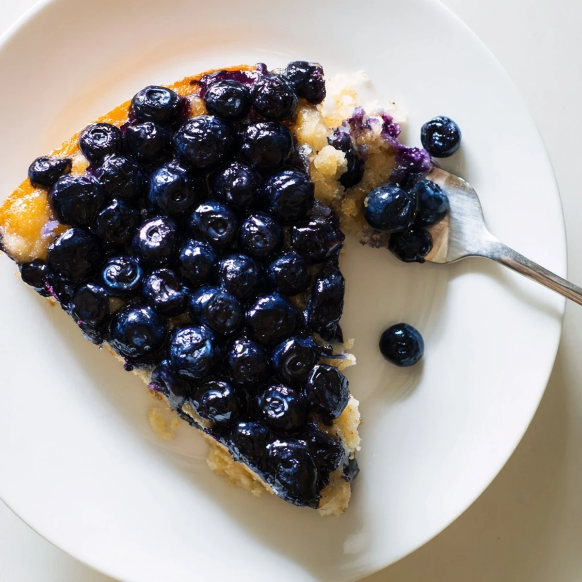 Golden blueberry upside down cake with caramelized fruit topping and fluffy vanilla batter