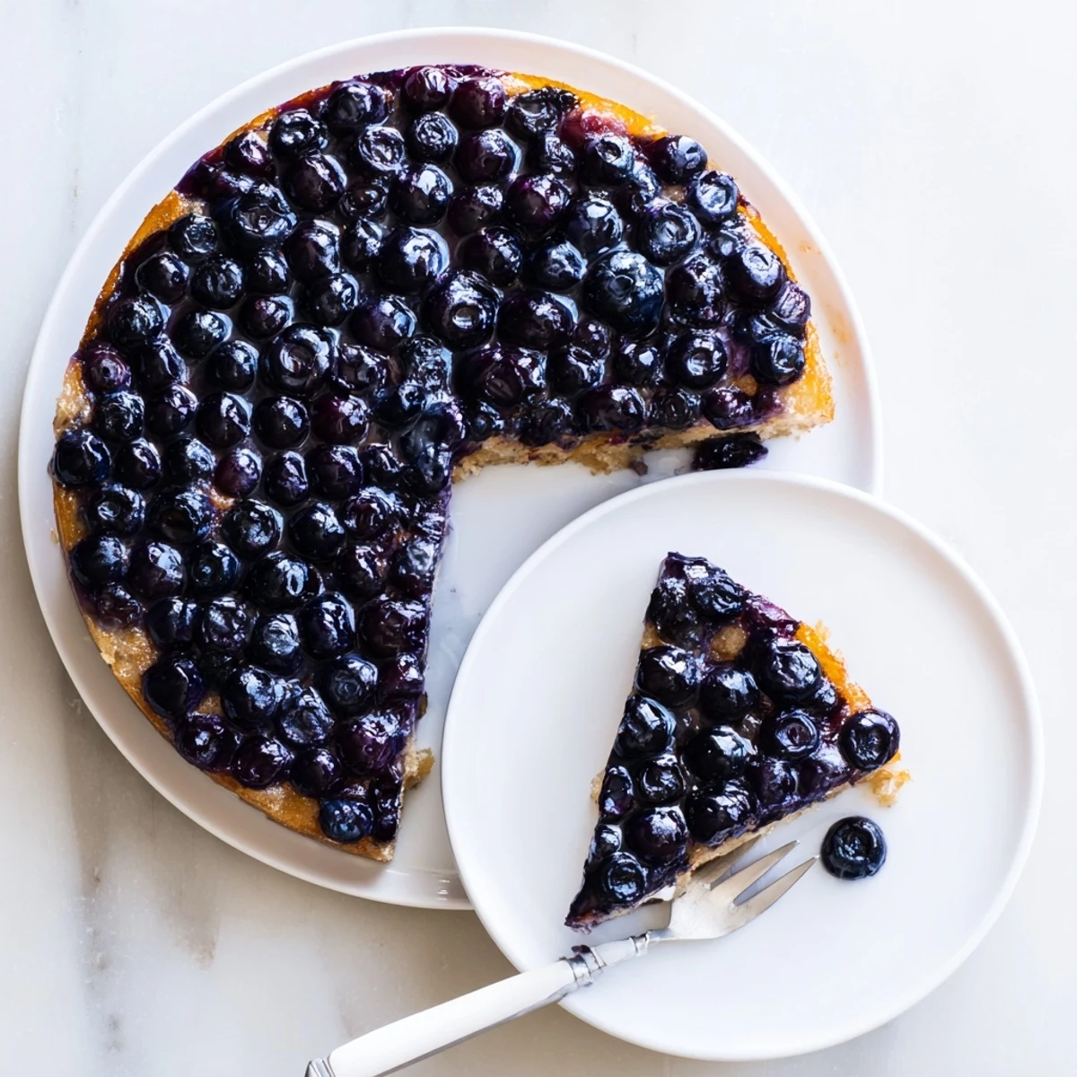Sliced blueberry upside down cake showing tender crumb topped with bubbling purple berries