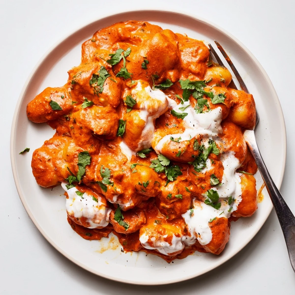 Golden potato gnocchi swimming in rich Indian tikka masala sauce with fresh cilantro garnish
