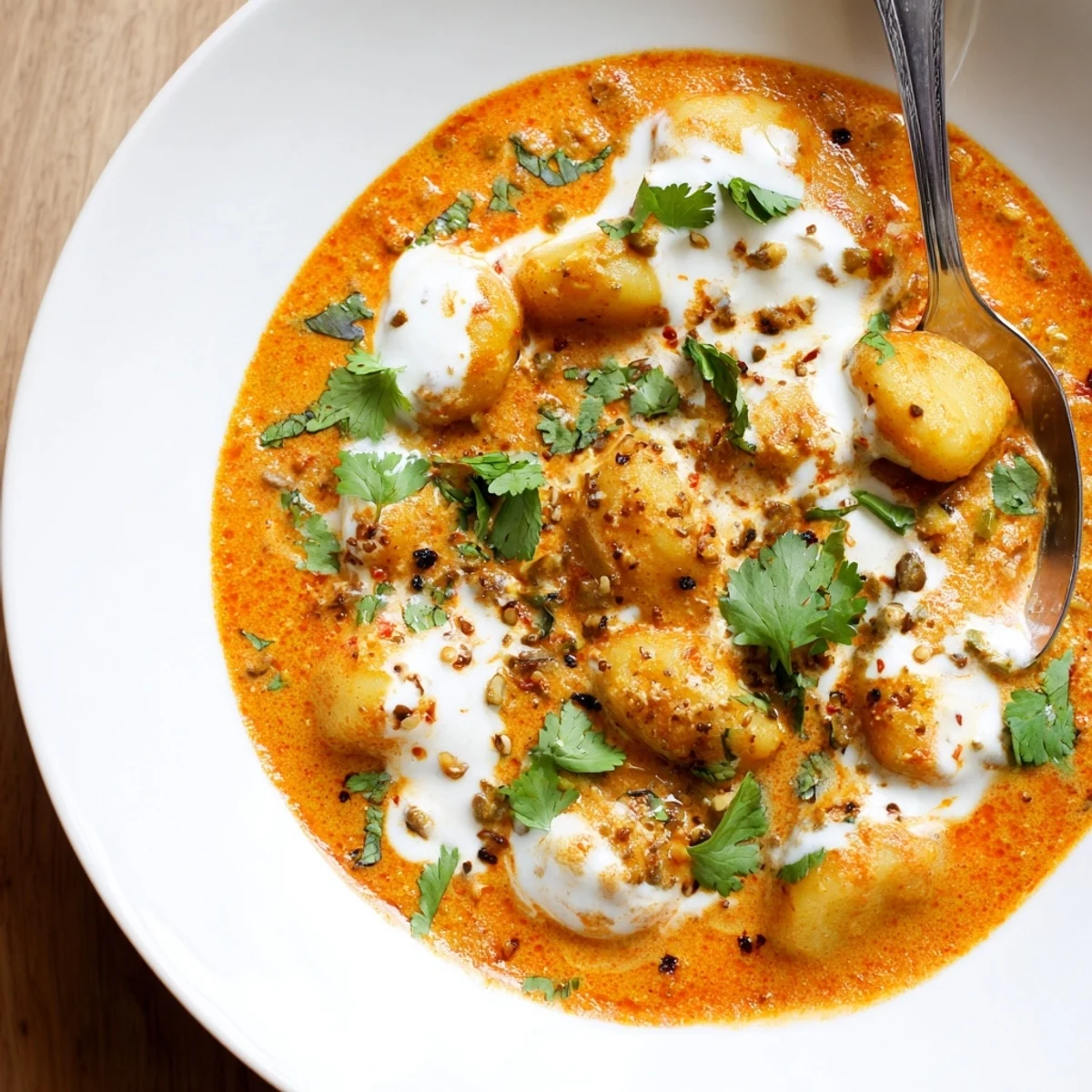 Creamy Tikka Masala Gnocchi featuring pillowy potato dumplings coated in spiced tomato sauce