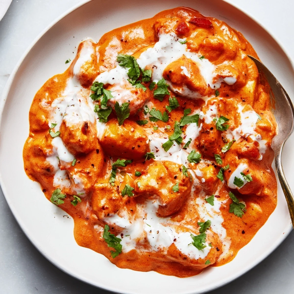 Fusion Tikka Masala Gnocchi dish showcasing soft pasta in aromatic creamy orange-red curry sauce