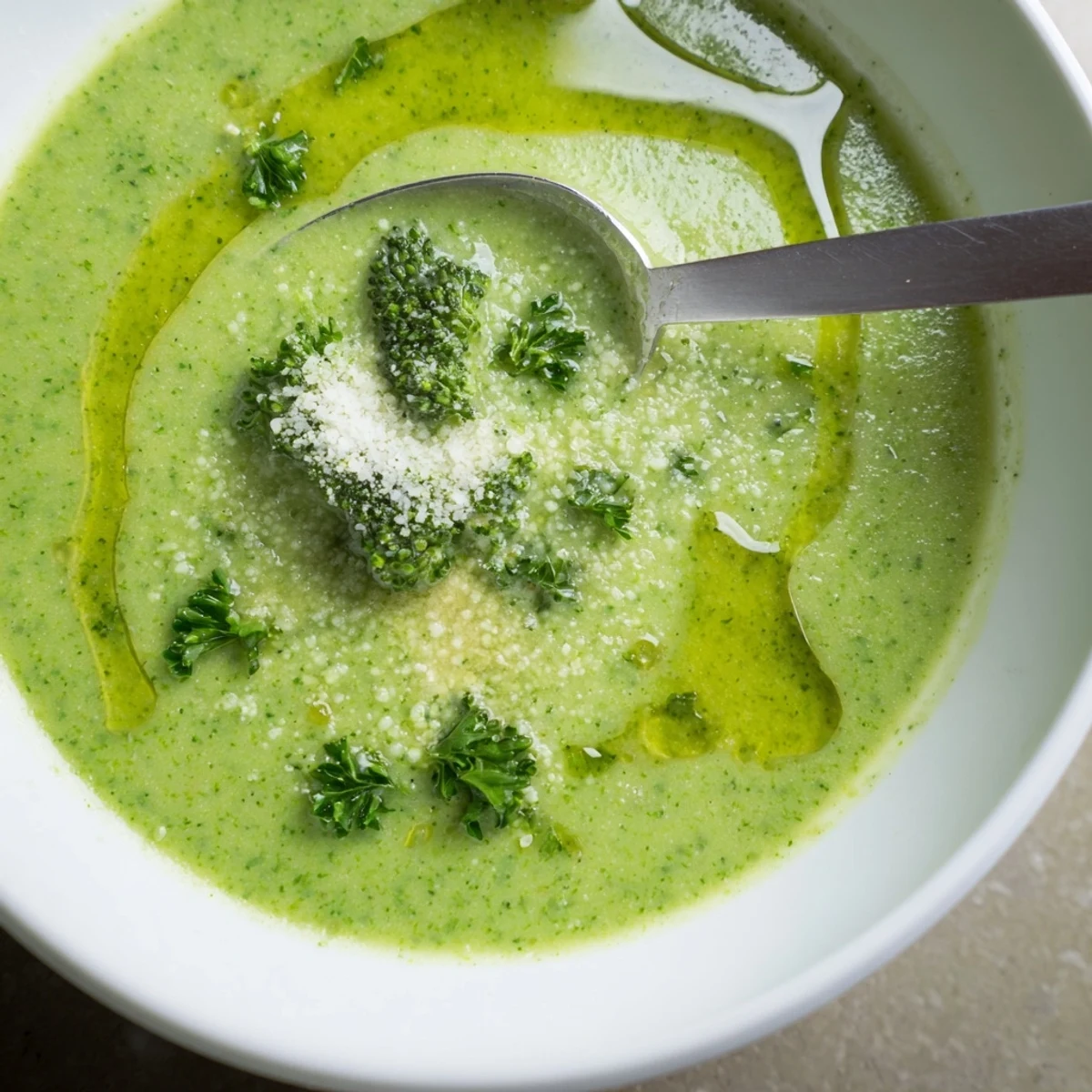 Creamy homemade Italian broccoli soup garnished with grated Parmesan and fresh herbs in a rustic bowl