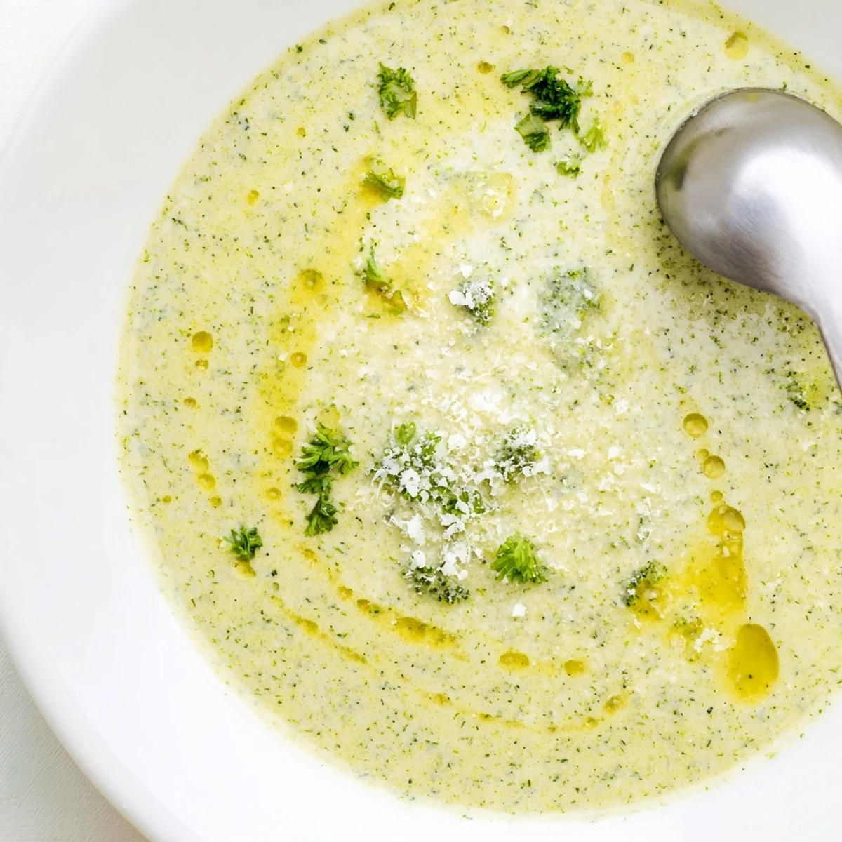 Steaming hot bowl of homemade Italian broccoli soup featuring tender pureed vegetables and cheesy topping