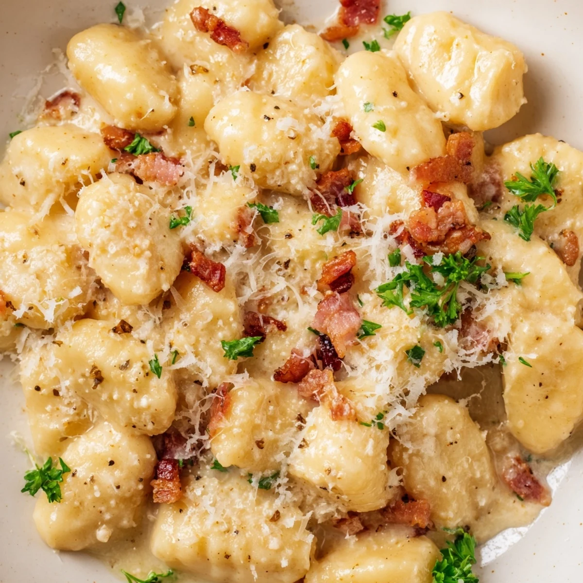 Golden gnocchi carbonara with crispy bacon bits and melted Parmesan cheese in a creamy white sauce