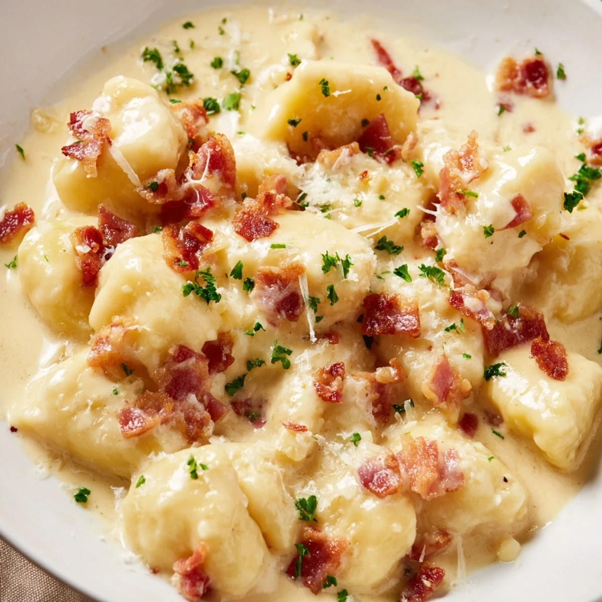 Plate of gnocchi carbonara topped with Parmesan and crispy bacon, glistening with rich glossy egg sauce