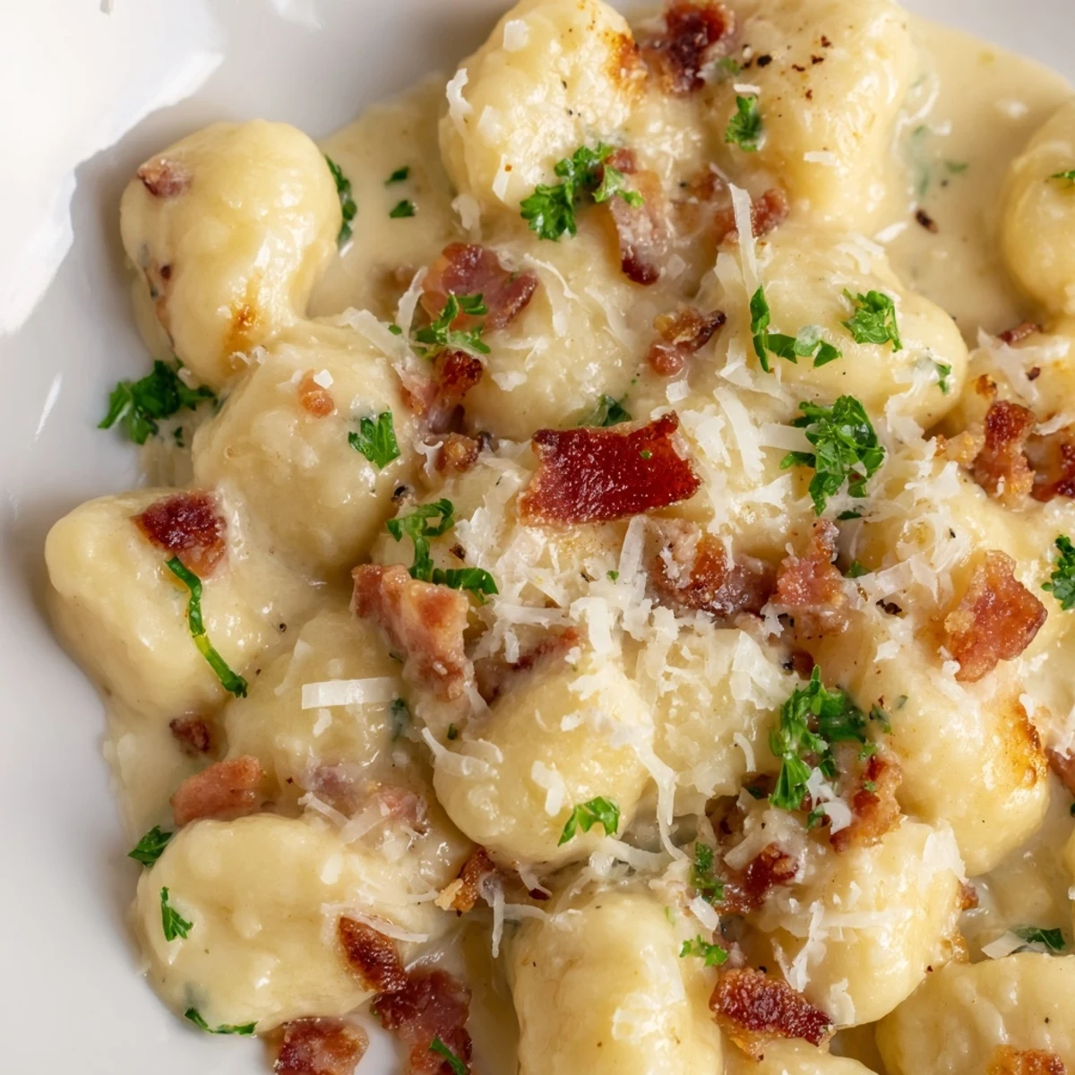 Comforting bowl of gnocchi carbonara featuring pillowy potato dumplings coated in silky sauce with savory bacon