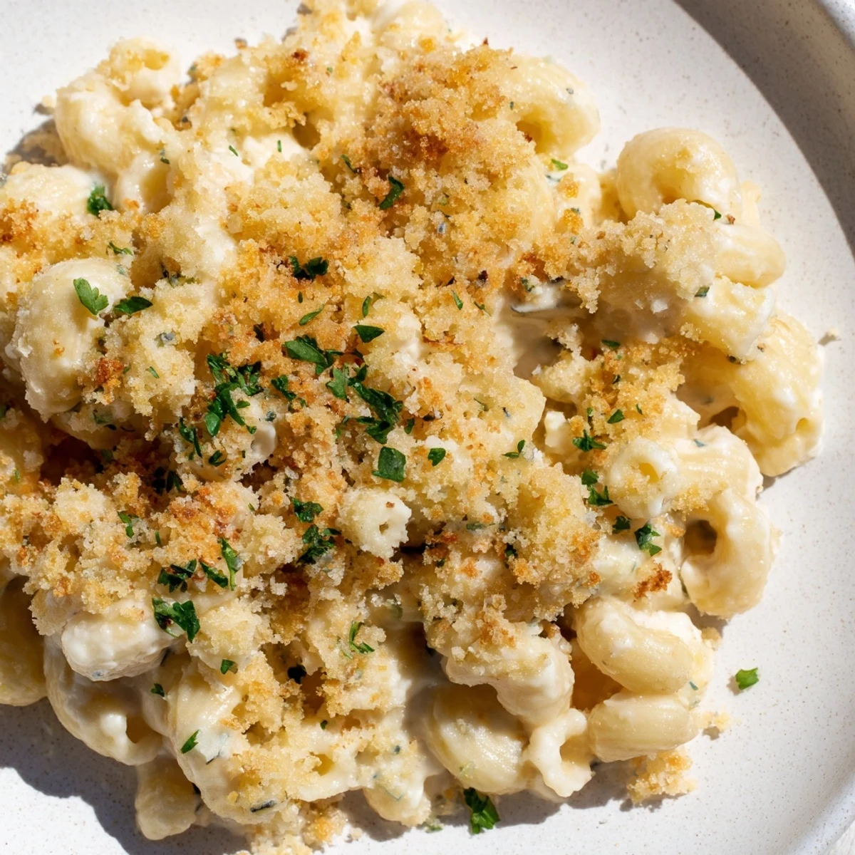 Golden baked Boursin mac and cheese topped with crispy buttery panko breadcrumbs and parsley