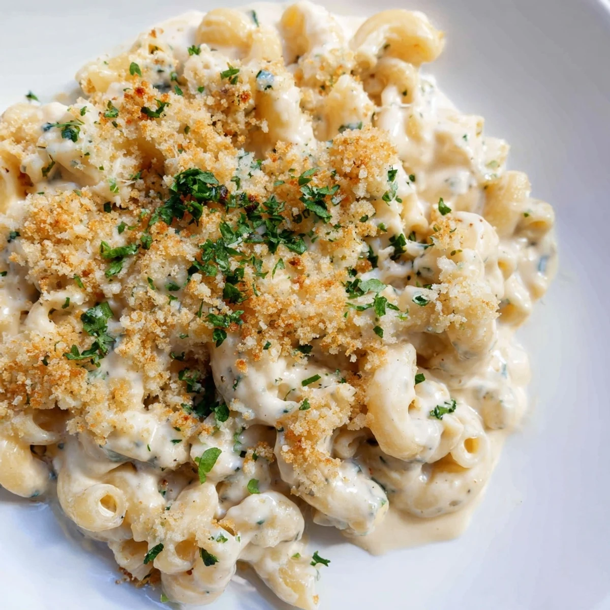Rich homemade Boursin mac and cheese bubbling in a white serving bowl with garnish