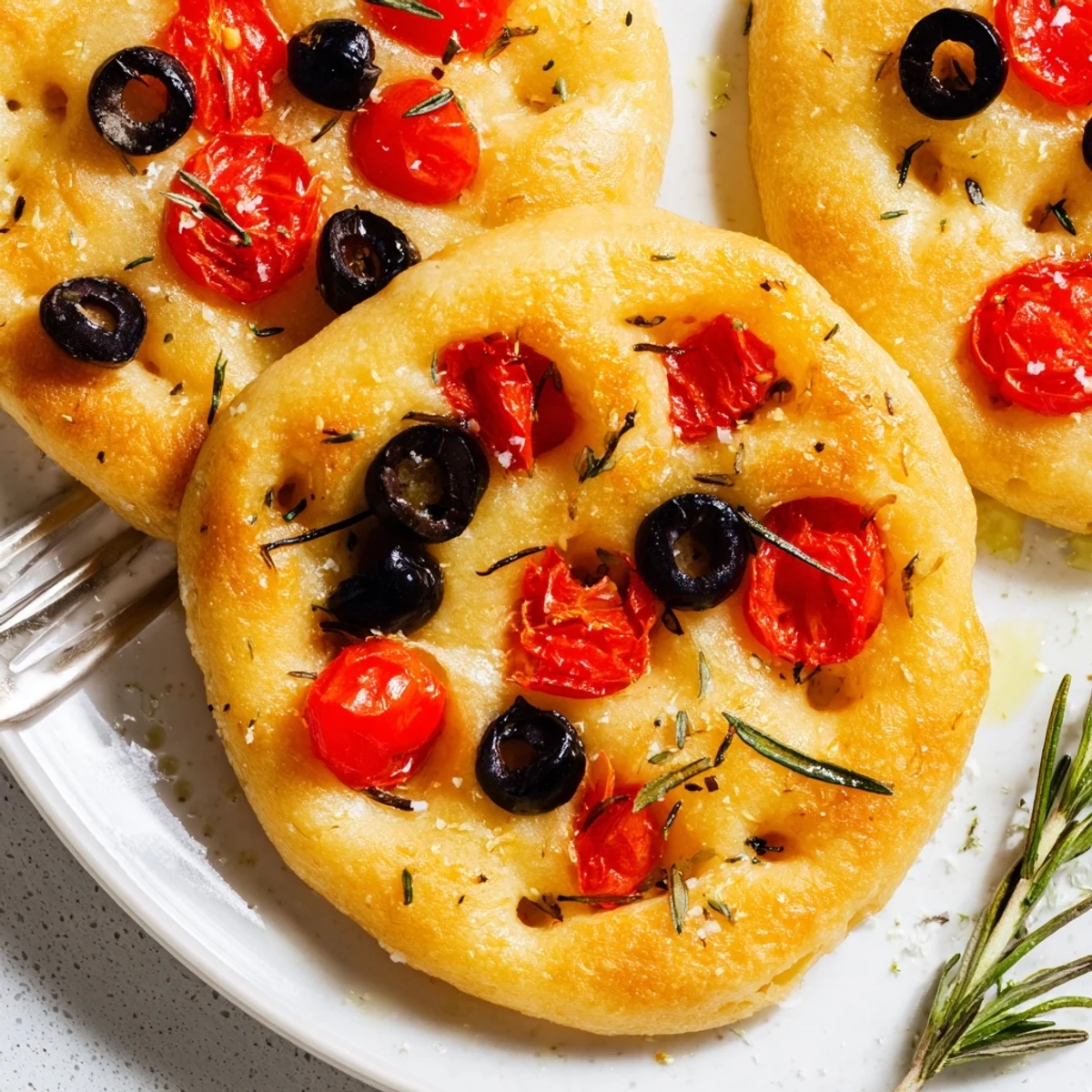 Golden brown crispy mini focaccia topped with fresh rosemary and flaky sea salt on a wooden board