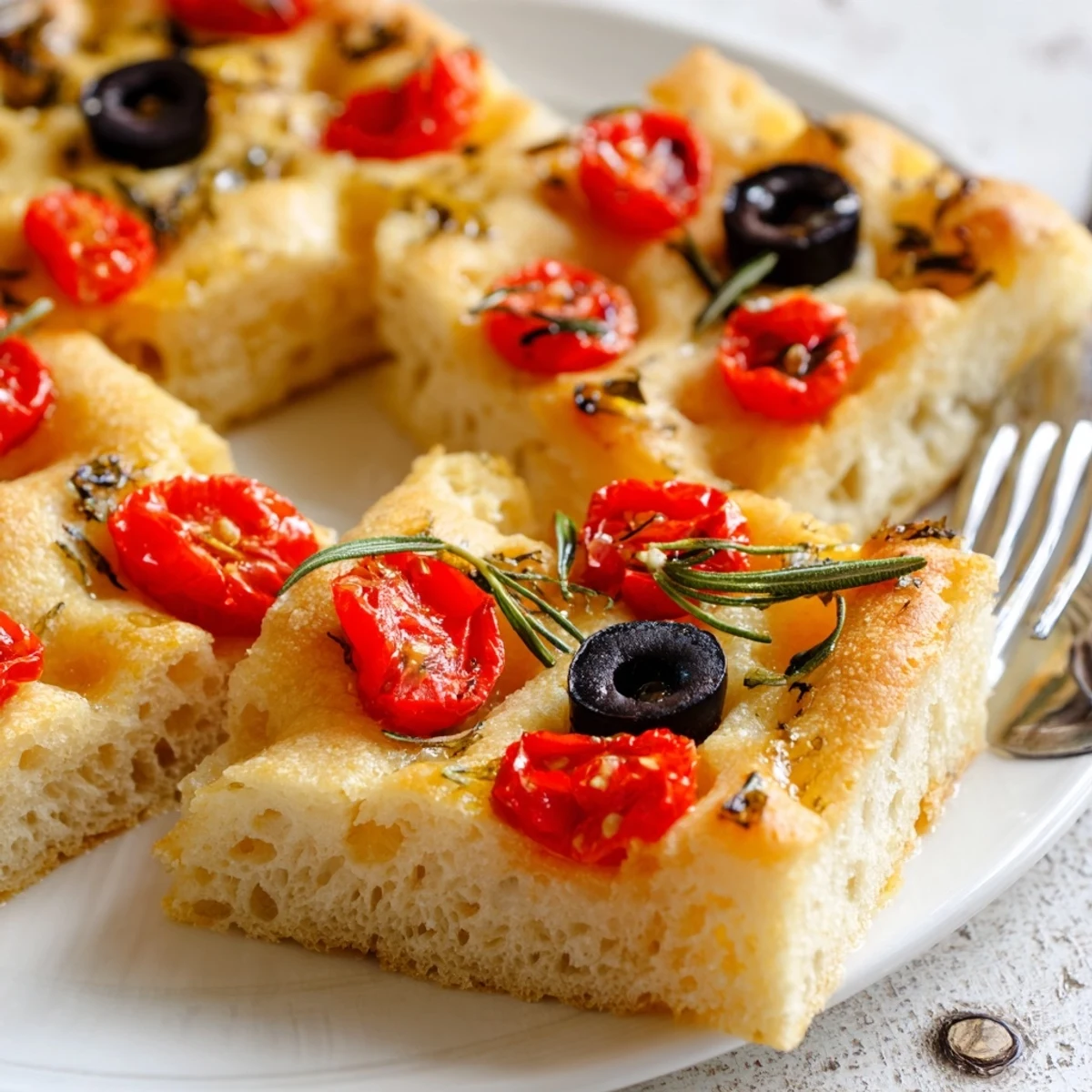 Warm individual Italian focaccia breads with cherry tomatoes and olives, perfectly crispy outside and fluffy inside