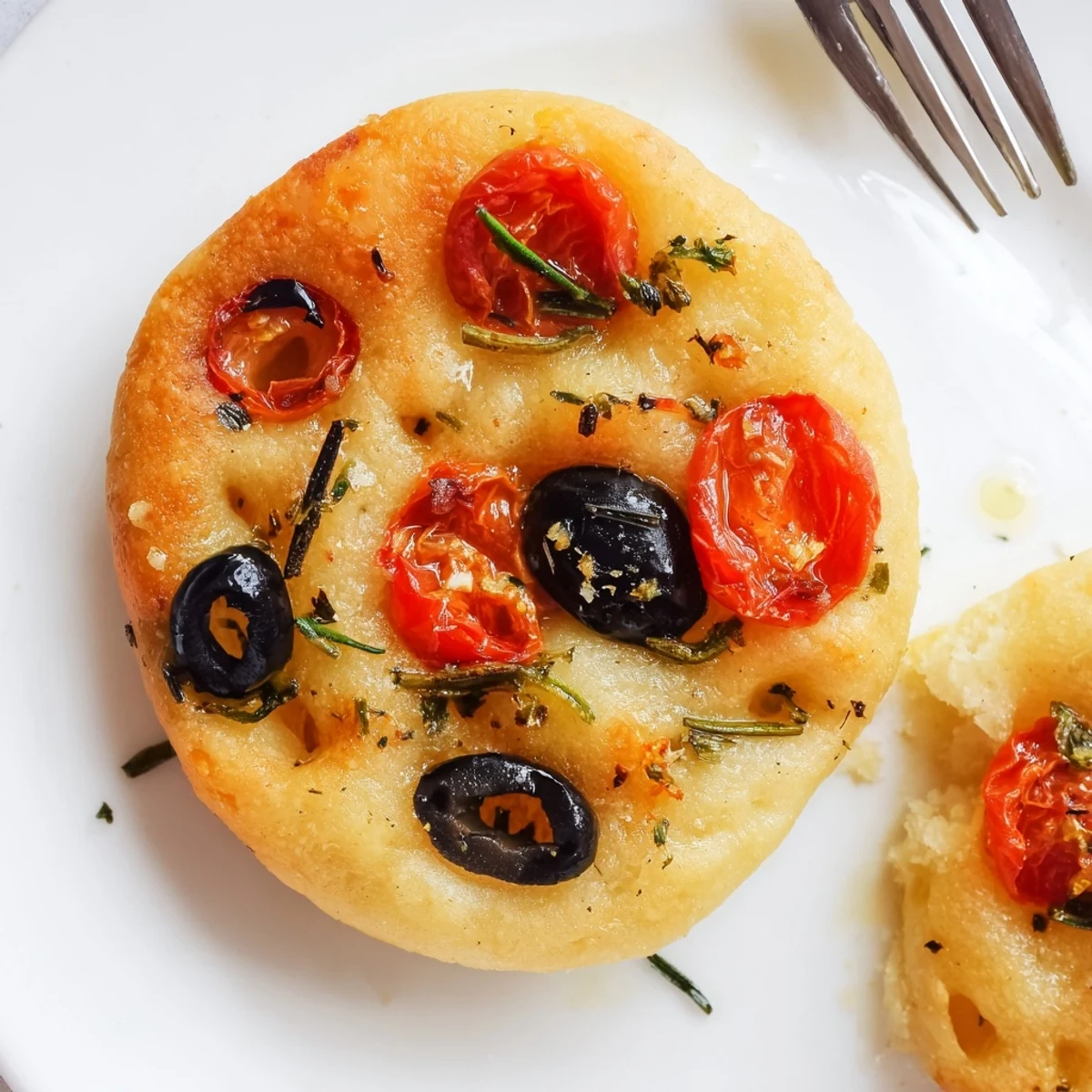 Homemade crispy mini focaccia with dimpled surface, aromatic herbs, and golden crust, freshly baked on parchment paper