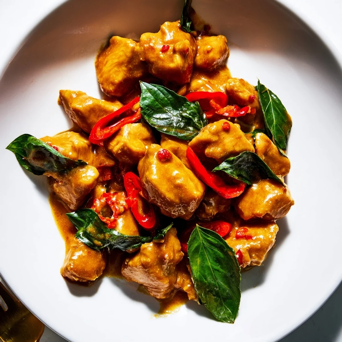 Golden chicken pieces swimming in creamy coconut curry sauce topped with fresh basil leaves
