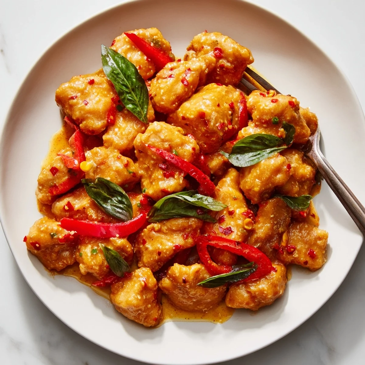 Savory basil chicken with coconut curry sauce served over fluffy white jasmine rice