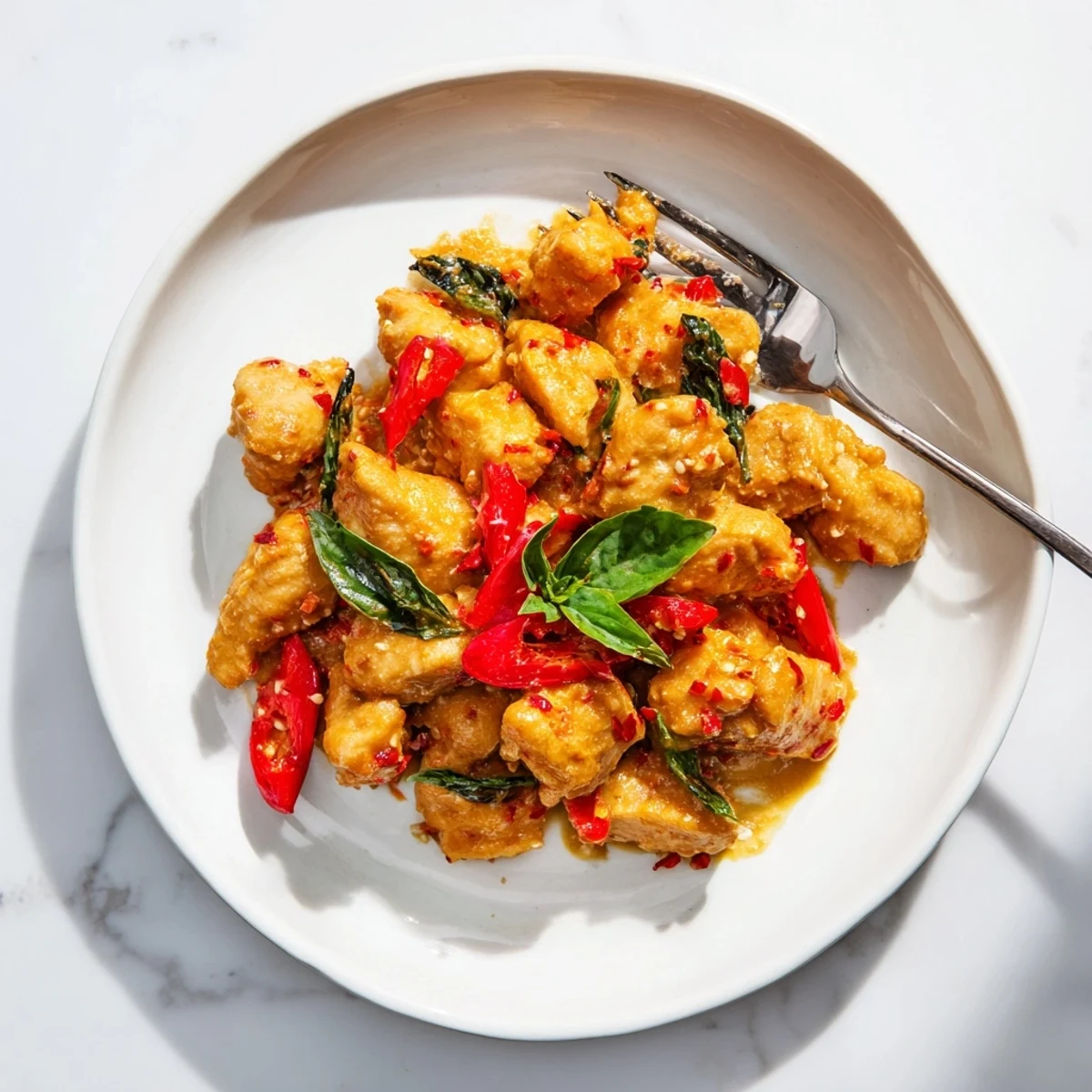 Tender chicken breast simmered in aromatic red coconut curry with vibrant red bell pepper strips
