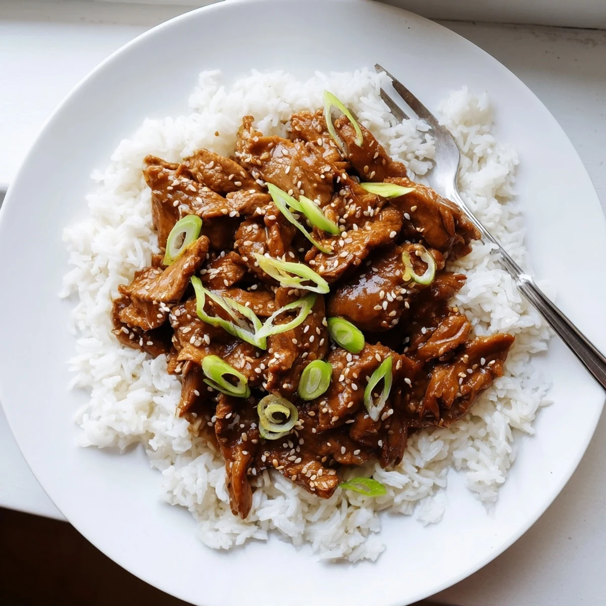 Golden slow cooker Mongolian chicken pieces coated in thick glossy brown garlic sauce