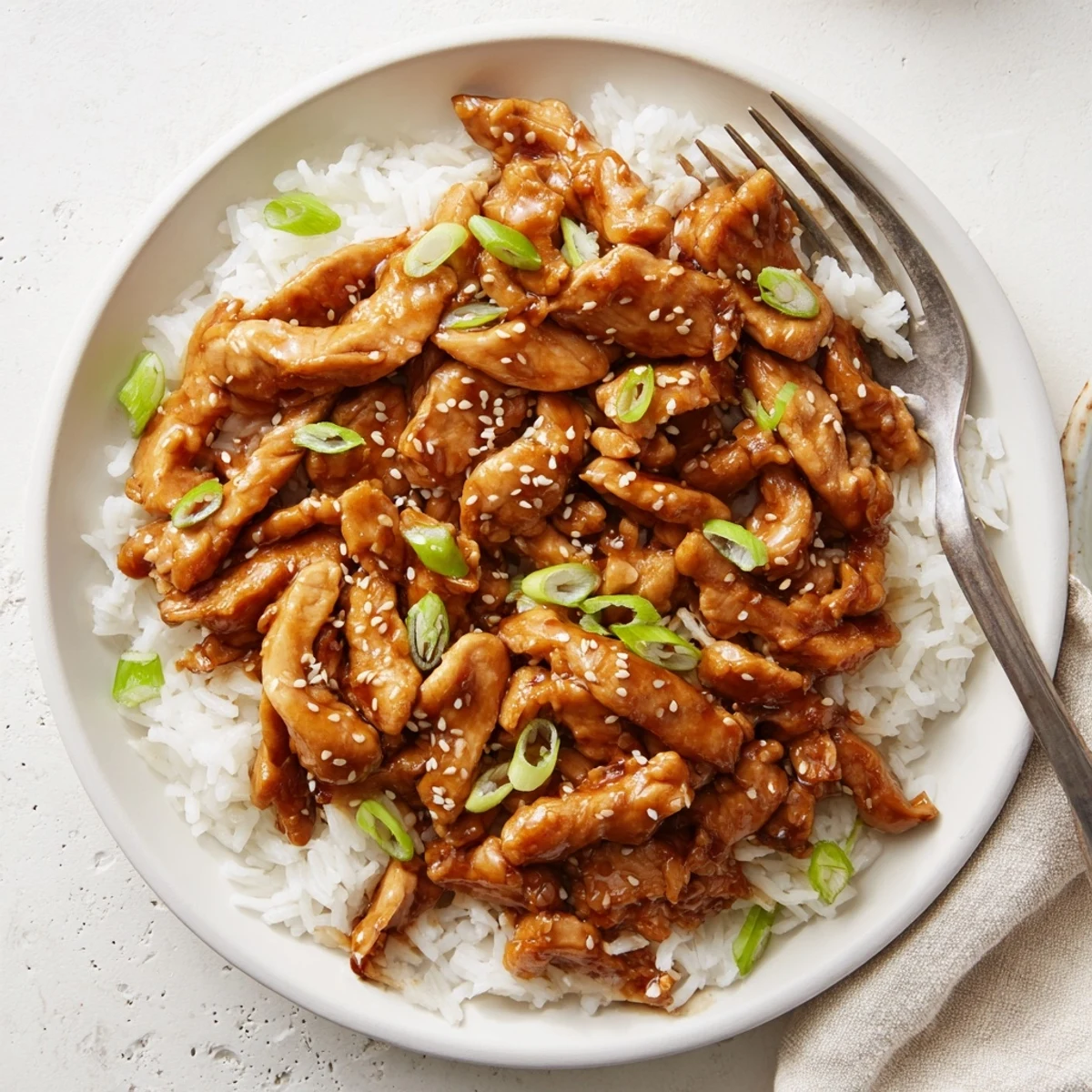 Tender shredded Mongolian chicken garnished with green onions and sesame seeds over white rice