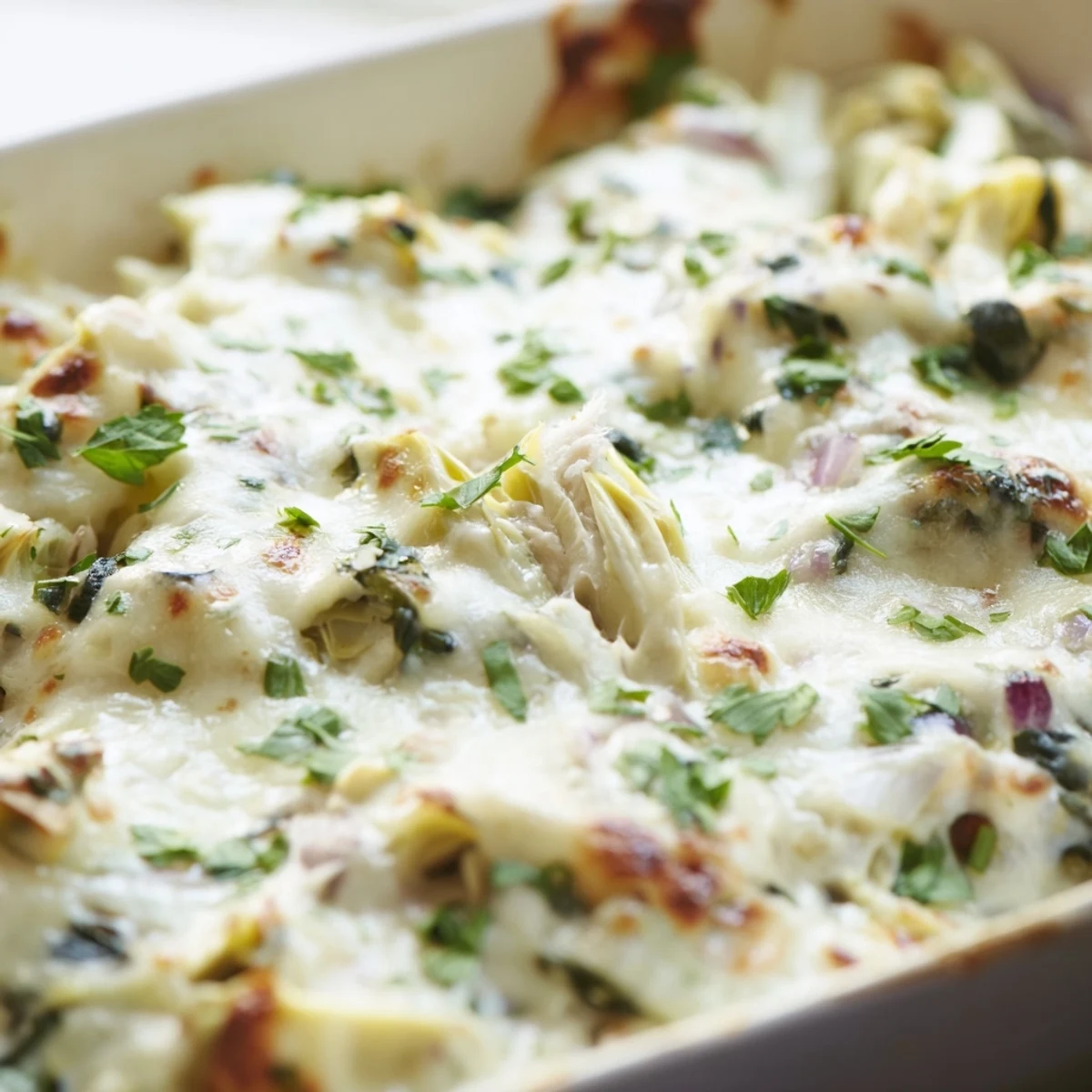 Creamy spinach and artichoke chicken casserole with melted golden mozzarella cheese topping