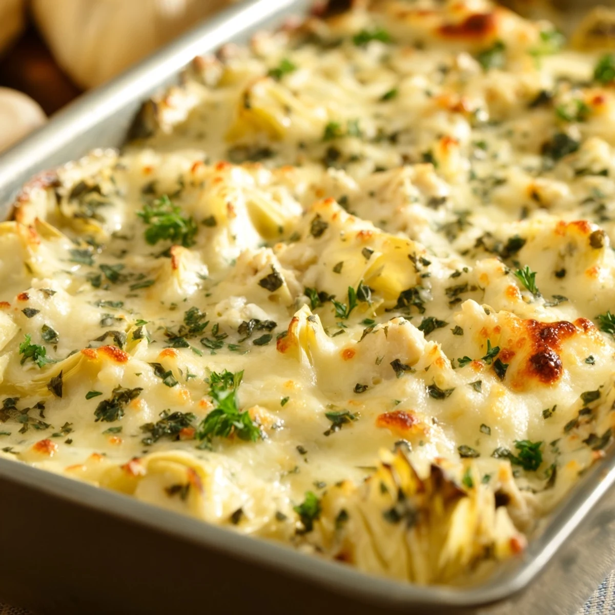Bubbling high protein chicken casserole layered with tender spinach artichokes and parmesan