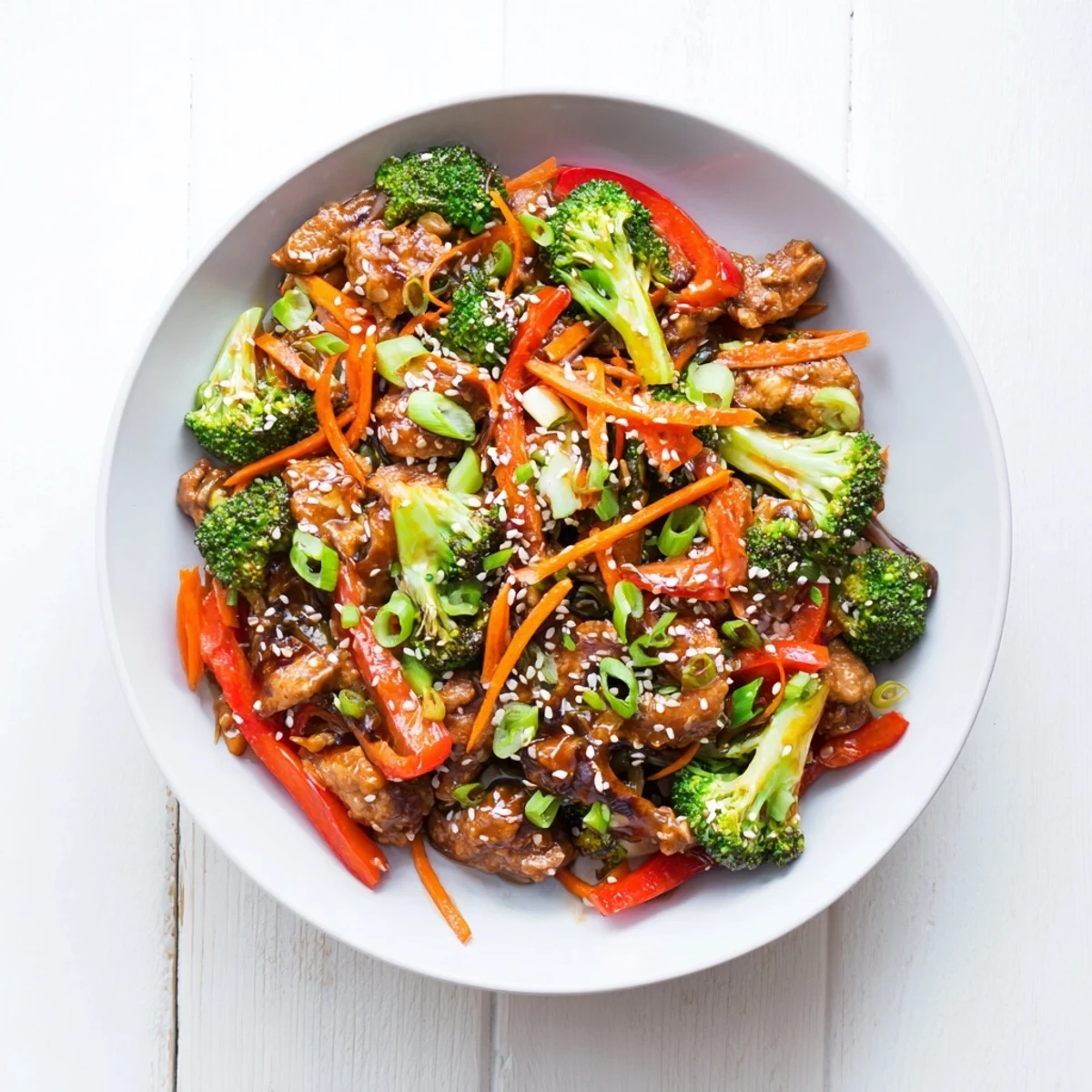 Colorful ground turkey stir fry featuring crisp broccoli and red pepper in sesame soy glaze