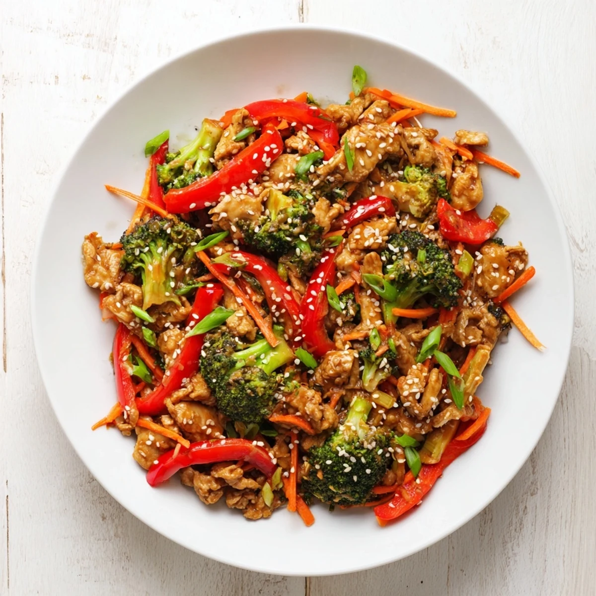 Healthy ground turkey and broccoli stir fry plated over white rice with sesame seed garnish