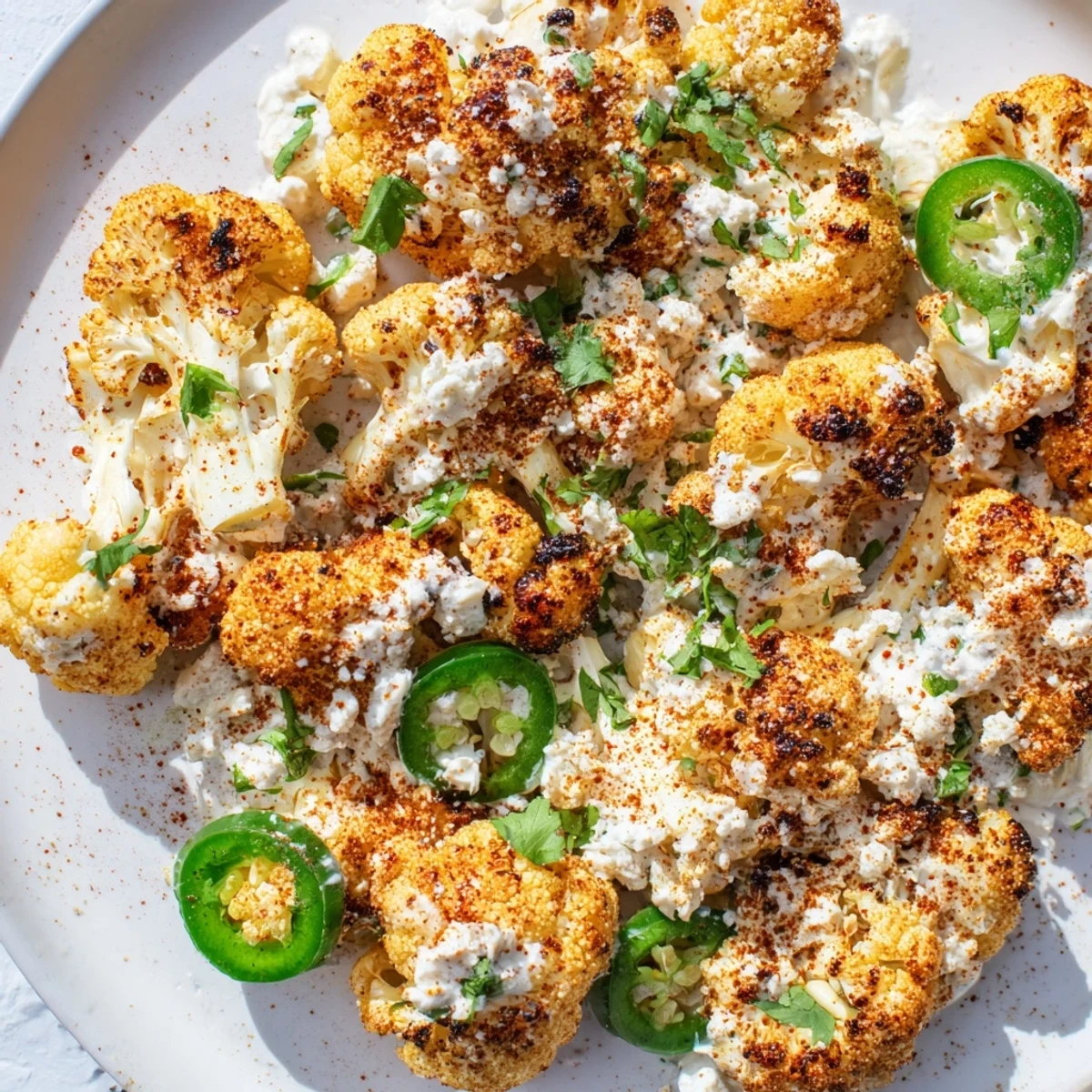 Roasted cauliflower elote coated in creamy lime sauce and sprinkled with cotija cheese