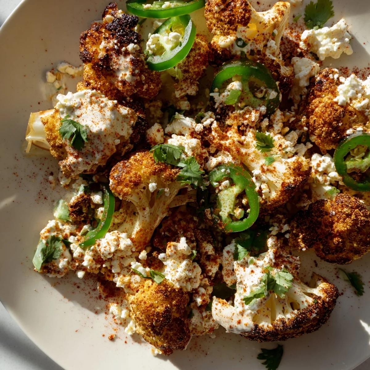 Golden cauliflower florets topped with zesty mayonnaise sauce and crumbled white cotija cheese